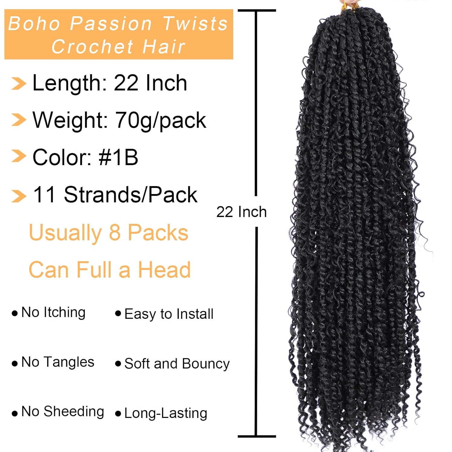 Boho Style Passion Twist Hair 22inch Long Pre-Twisted Crochet Goddess Passion Twist Hair 8Pack Pre Looped Curly Crochet Hair Soft Bohemian New Passion Twist Crochet Braids Hair for Black Women,1b#