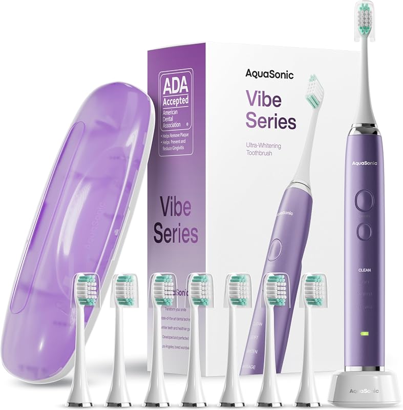 Cepillo de dientes ultrablanqueador Aquasonic Vibe Series - Cepillo de dientes eléctrico aceptado por ADA - 8 cabezales de cepillo y estuche de viaje - Motor de 40,000 VPM y carga inalámbrica - 4 modos con temporizador inteligente - Violeta satinado