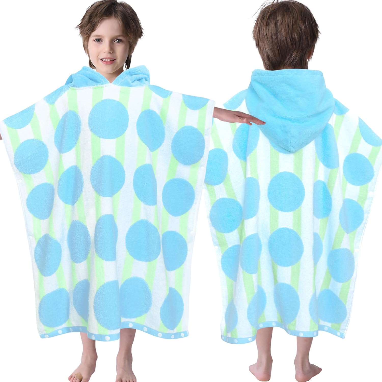 VOOVA & MOVAS Kids Poncho Towels with Hood (4-8Years), Absorbent Quick Dry Lightweight Hooded Beach Towel for Pool | Swim | Bath, Blue Dot Strip