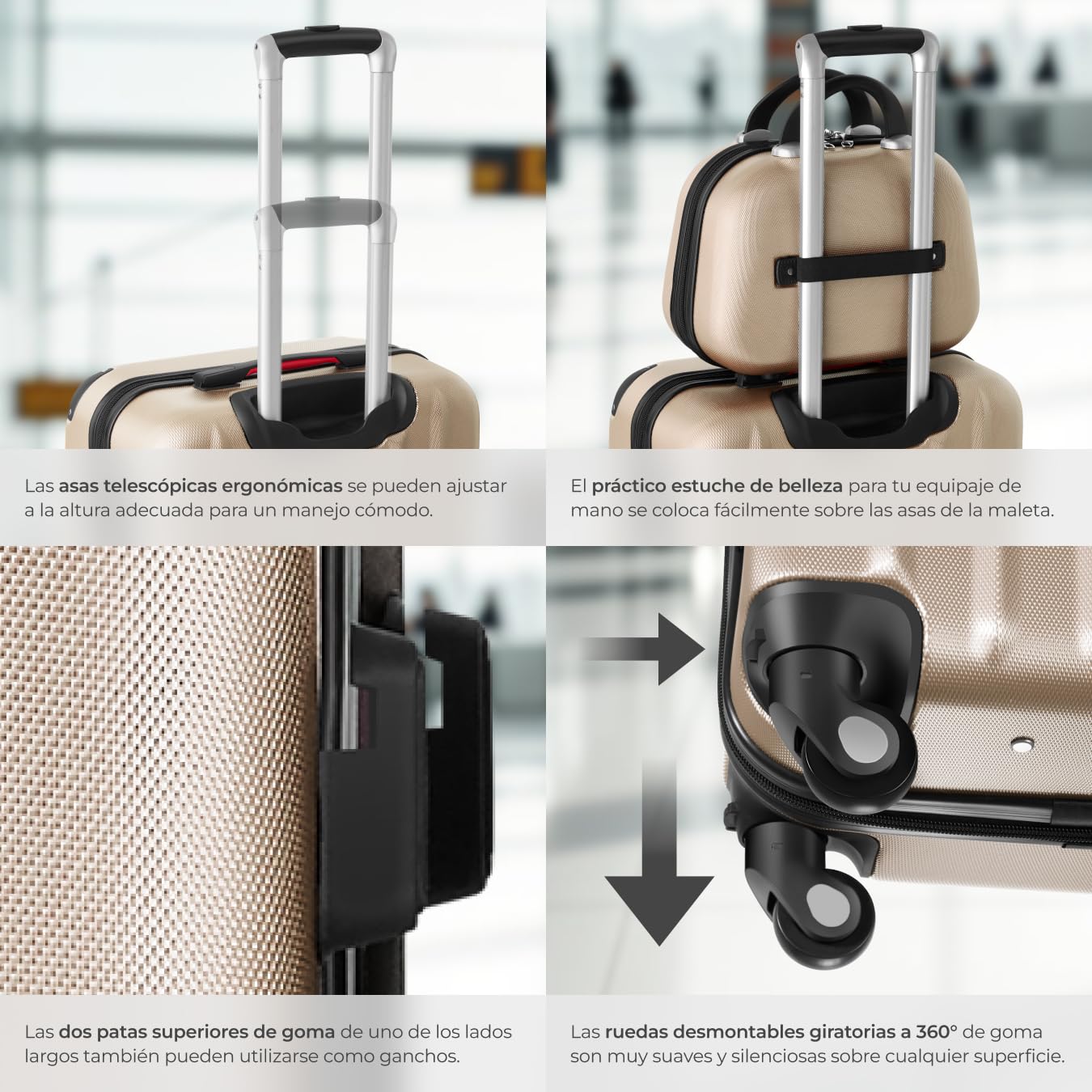 tectake® Juego de 3 Maletas Rígidas de Plástico ABS y 1 Neceser, Tamaños XL-L-M, Set Maletas Viaje con Ruedas 360º Extraíbles, Cerradura de Combinación TSA, Asas Laterales y Asa Telescópica - champán