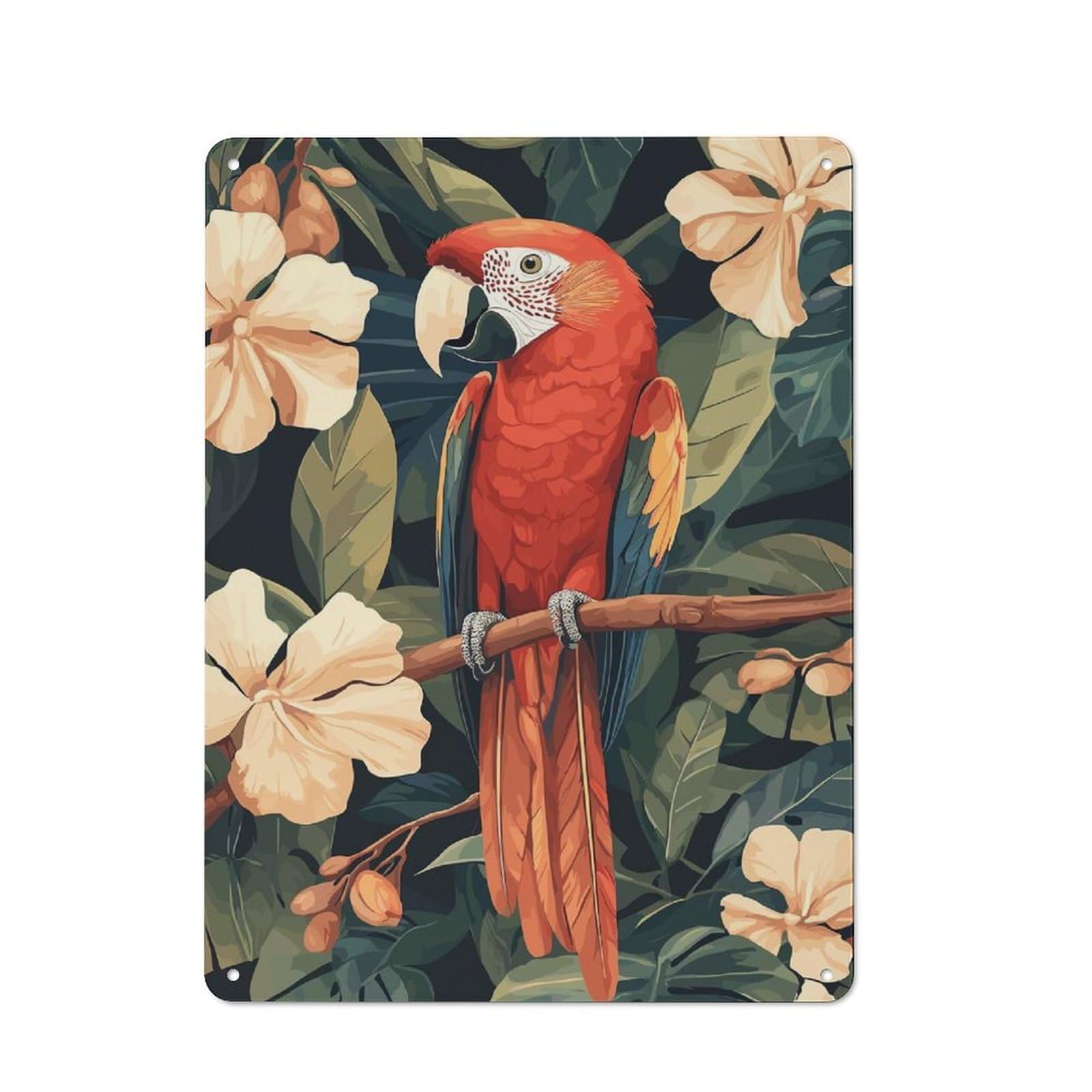 Junmoney Scarlet Macaw In Tropical Floral Setting Tin Sign 40X30cm For Café Or Home Bar, Retro Wall Decor, For Garage, Workshop And Man Cave Decoration