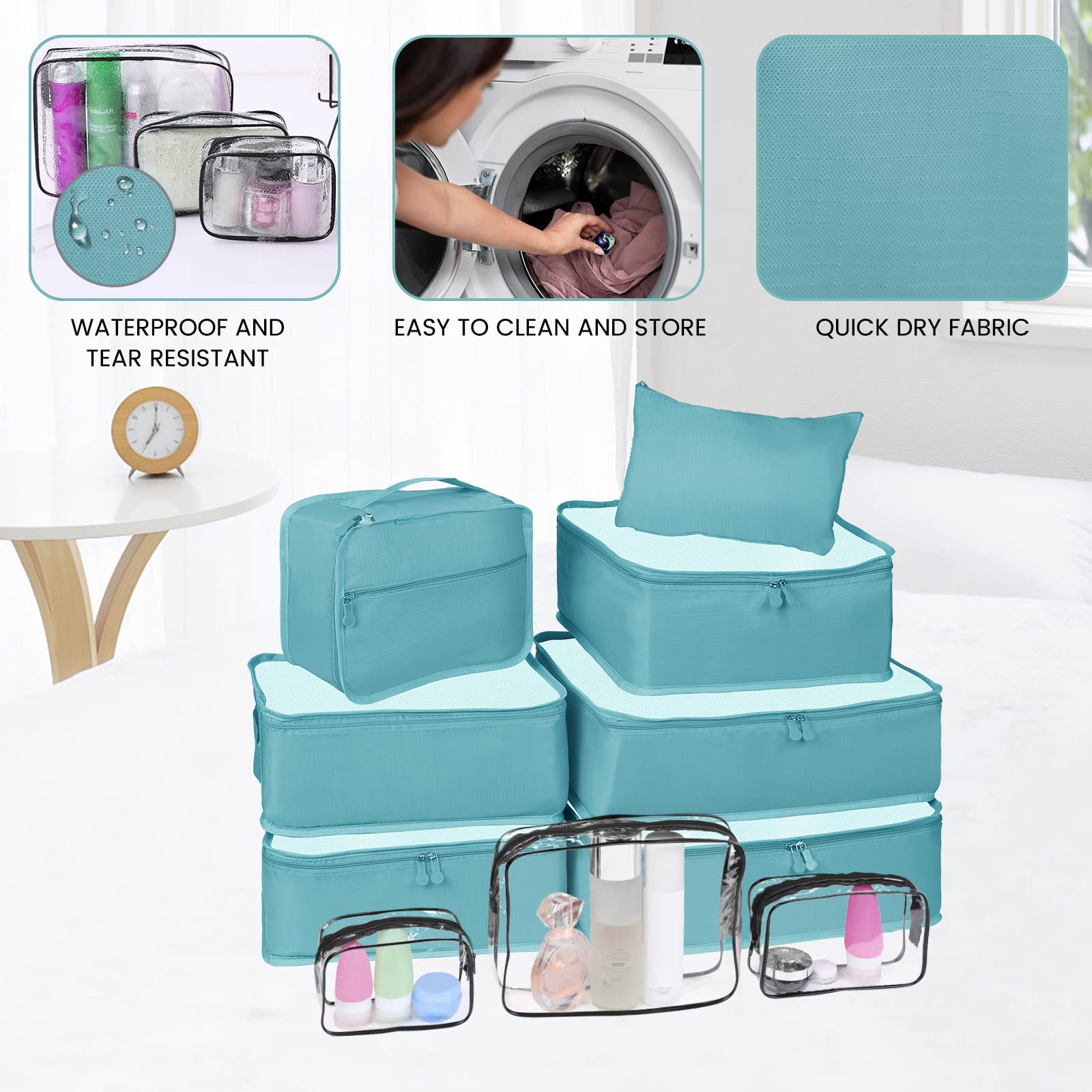 Enloffi Organizer Valigie 10 Pezzi Set Sistema di Cubo di Viaggio Impermeabili Viaggio Accessori Utili per Vestiti Scarpe Biancheria Intima Cosmetici Set di Valigie Portaoggetti, Grado Blu