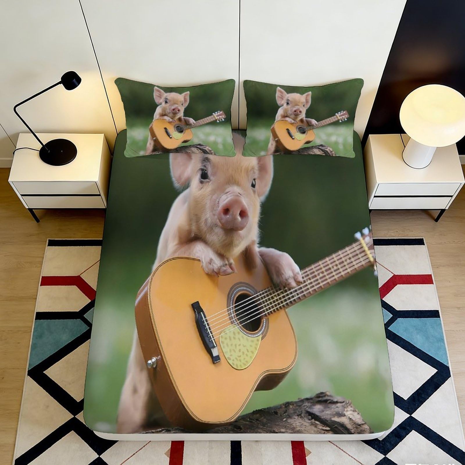 3D Printed Pig with Guitar Fitted Sheet Microfiber Soft Breathable Forest Animal Bed Cover for Bedroom Dorm Decor 90x200x25cm
