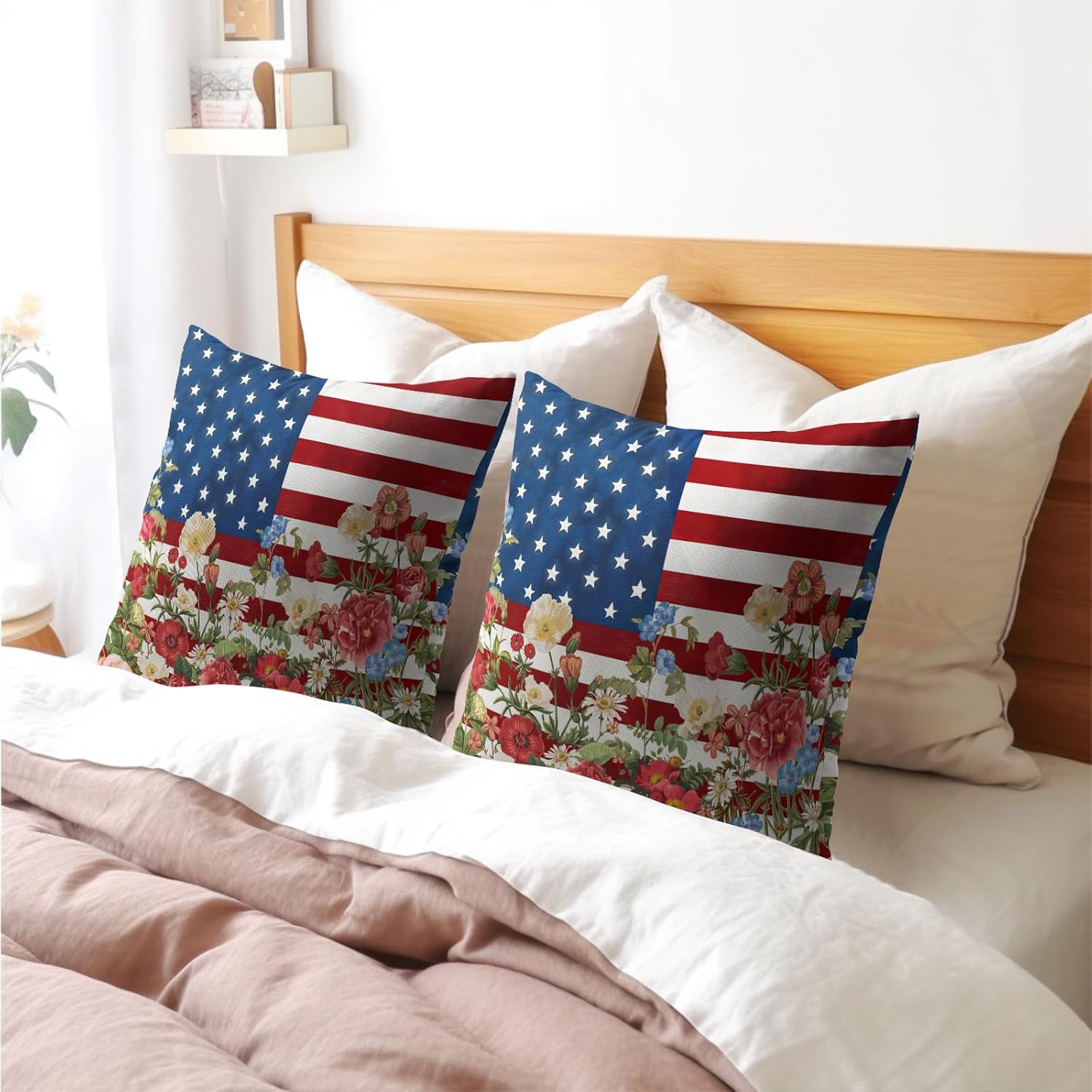 4th of July Pillow Covers 22x22 Set of 2, Patriotic Throw Pillow Covers Independence Memorial Day Pillowcase, Summer Floral Decorative Fourth of July Cushion Case Couch for Indoor Outdoor Home Decor