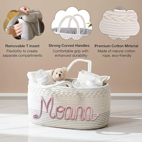 Miniatura 3 de ubmpj Organizador de pañales personalizado, cesta de guardería con nombre personalizado, almacenamiento de cuerda de algodón para artículos