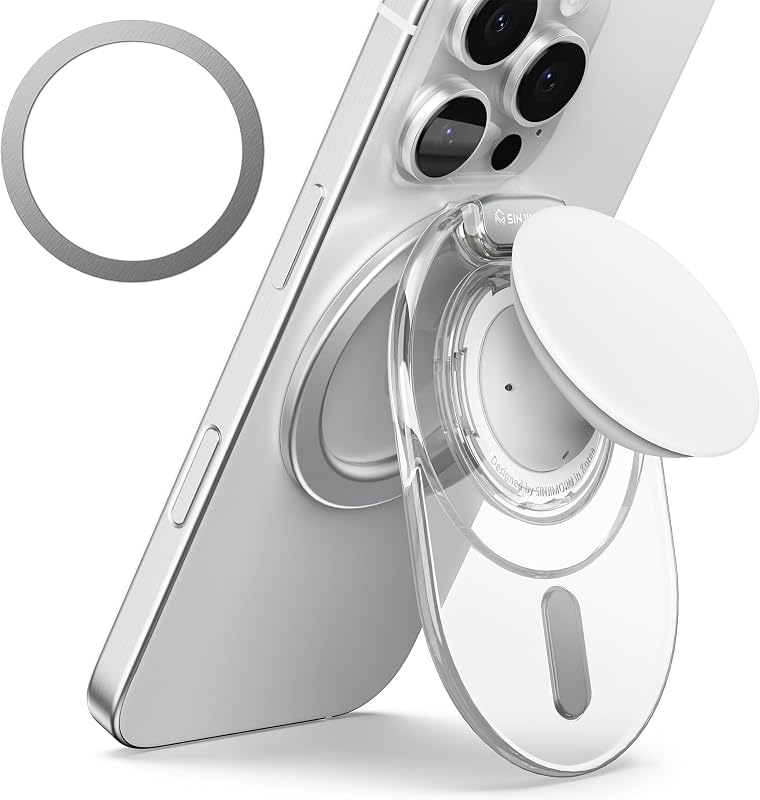 Phone Grip Stand for MagSafe, Magnetic Kickstand, Clear White | M-Tap Tok Stand, strong magnet, soft silicone grip, Adjustable Kickstand for Portrait or Landscape, metal plate included