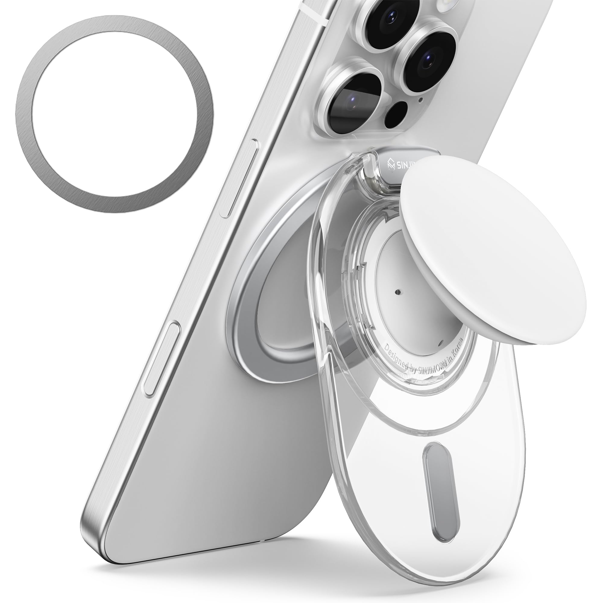 Sinjimoru Soporte de agarre para teléfono, compatible con MagSafe, anillo adaptador incluido, soporte de 3000 G para iPhone 17/16/15/14/13. Soporte M-Tap Tok blanco transparente