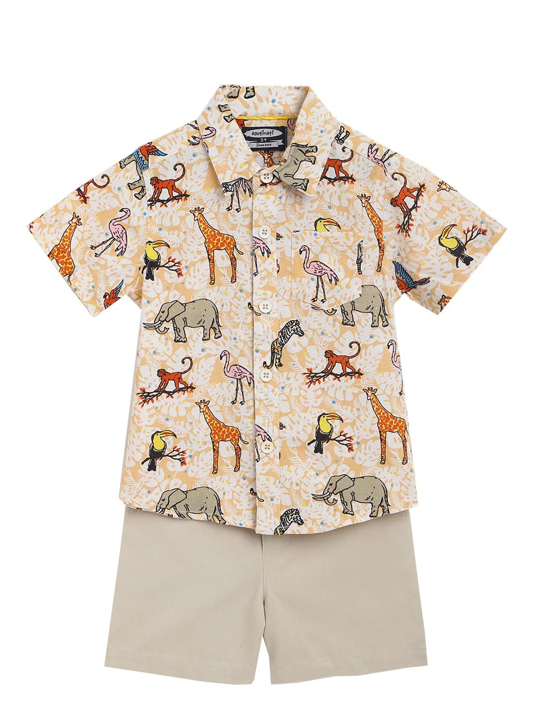 Nautinati Boys White Animal Print Cotton Half Sleeve Shirt with Blue Chambray Shorts