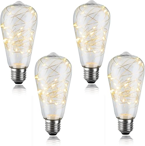 Lxcom Lighting Paquete de 4 bombillas LED de hadas, ST64 E26, bombilla LED Edison en espiral de 3 W, cálida y estrellada, luces decorativas de