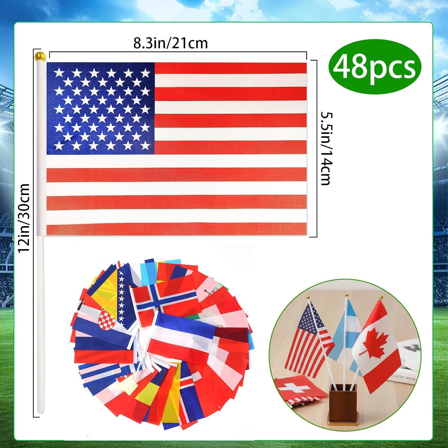 Bandera de Mano 14x21cm Copa del Mundo 2026 Fútbol 48 Países con Palo 30cm