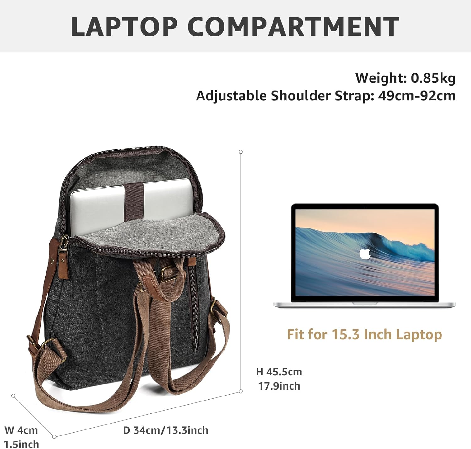 KL928 Vintage Canvas Backpack for Men Women, Laptop Rucksack Daypack Backpacks, Outdoor Travel Bagpack, Black