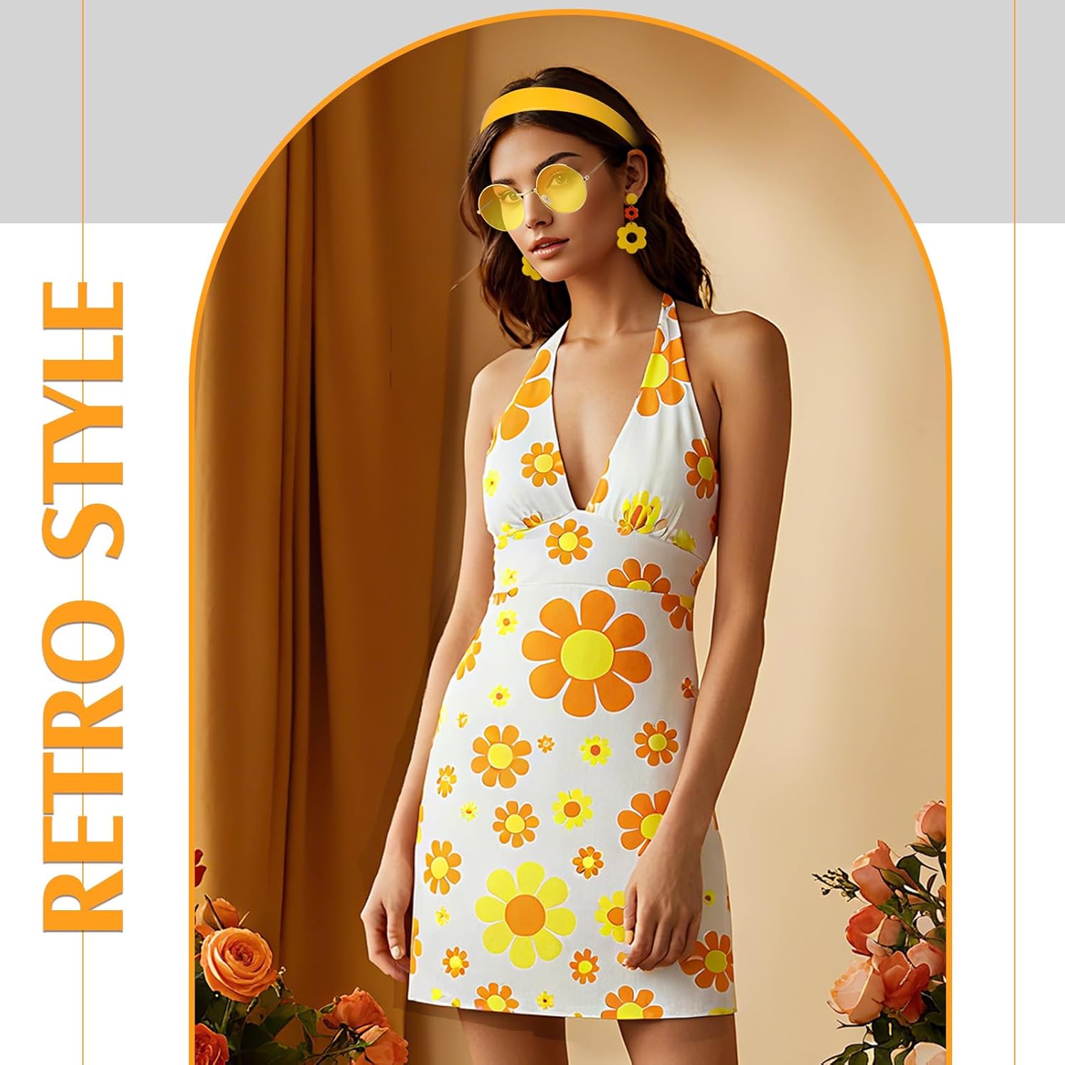 SATINIOR 4 Pcs 60s 70s Women's Hippie Costume Retro Disco Outfit Groovy Earring Headband Dress Sunglasses for Halloween Party - Image 5