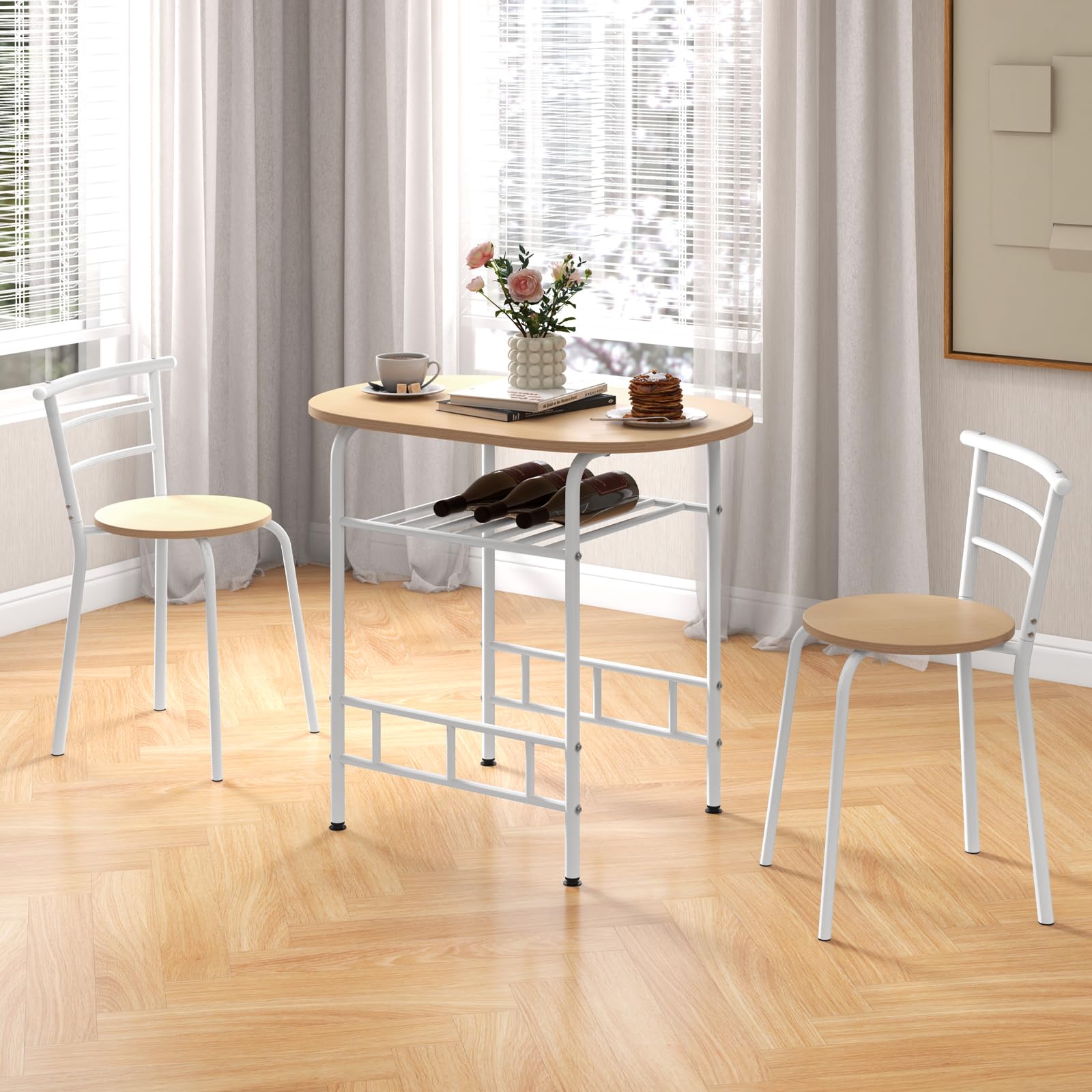 COSTWAY Table de Cuisine avec Chaise pour 2 Personnes, Table Cuisine Petit Espace avec Porte-Bouteilles, Table à Manger Ronde Cadre en Métal pour Bistro, Jardin, Balcon (Naturel)