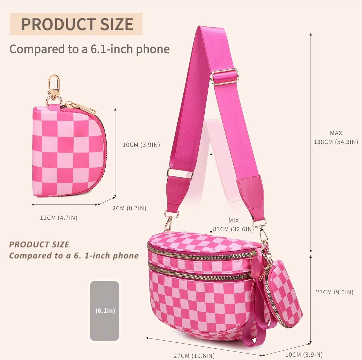 Checkered Crossbody Bum Bags for Women, Nylon Sling Bags with Shoulder Strap, Large Capacity Checkered Purse Bag - Image 6