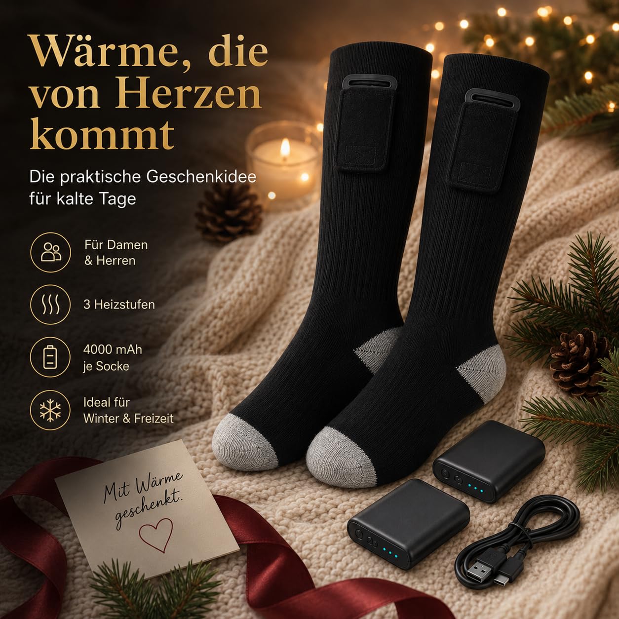 Elektrisch beheizte Socken mit 4000 mAh Akku je Socke, Unisex Wintersocken mit 3 Heizstufen, waschbar, für Outdoor, Skifahren, Wandern, kalte Füße, Geschenkbox