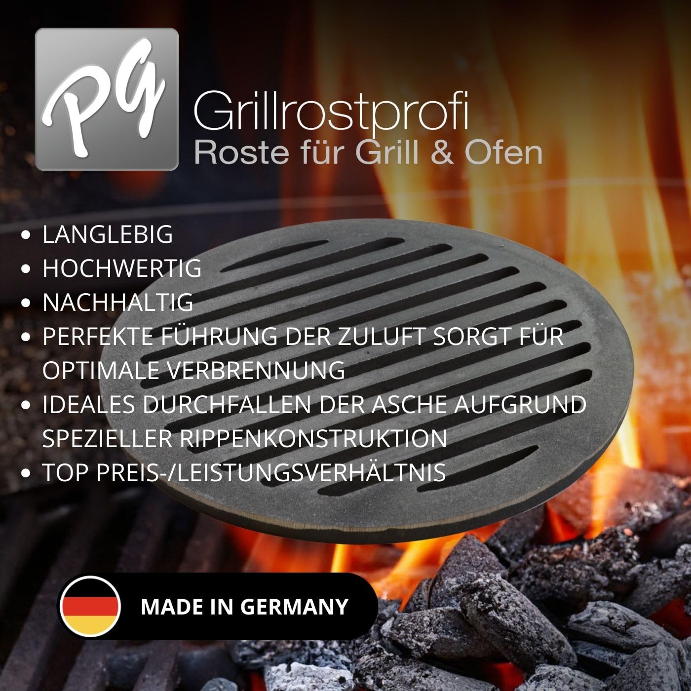 Grillrostprofi - Feuerrost Kohlerost Ascherost Kaminrost, rund Durchmesser 26 cm - das Original aus massivem Gusseisen von Ihrem Grillrostprofi.