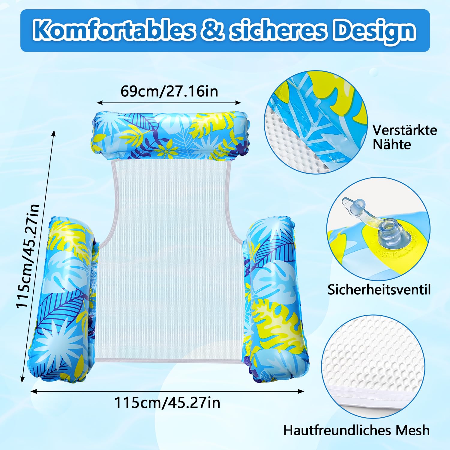 2 Stück Luftmatratze Wasser mit 1 Luftpump und 2 Getränkehalter，4 in 1 Wasserhängematte mit Netz Aufblasbare Schwimmsessel Wasser Matratze Pool Zubehör Liege Sofa Stuhl Sitz Erwachsene Kinder Stabil