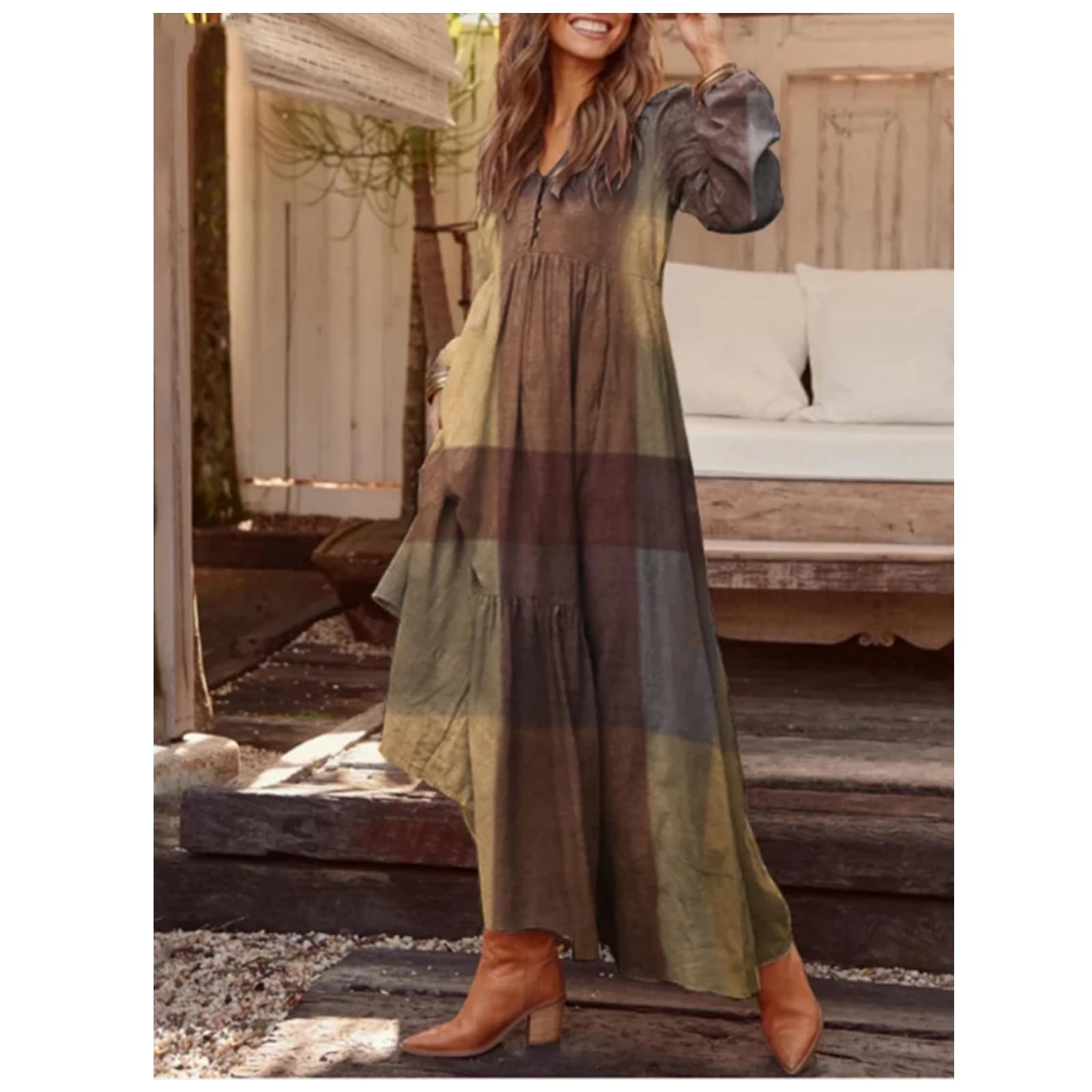 Vestidos Casuales de Mujer de Estilo Retro de Moda callejera con Escote en V y Manga Larga Estampados con Bloques de Color