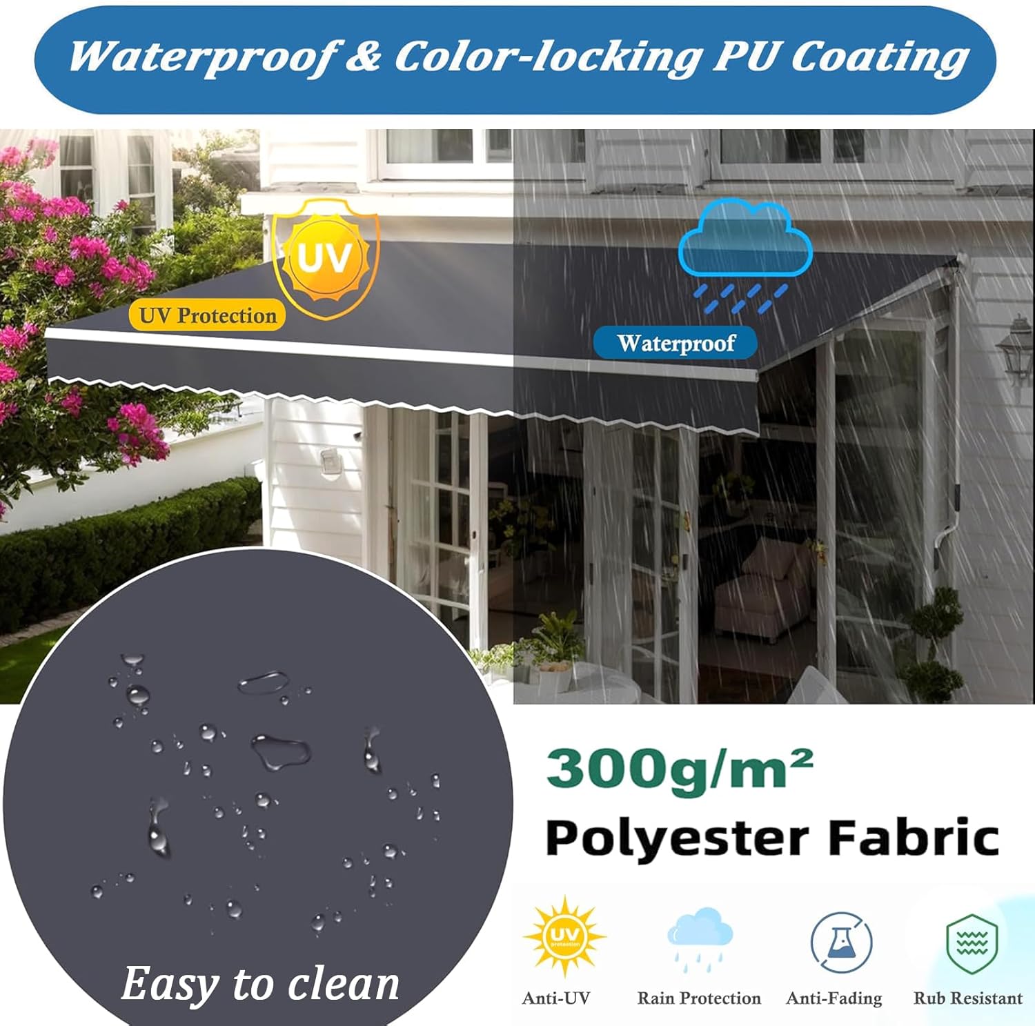12x10 FT Manual Retractable Patio Awning Replacement Fabric Cloth 300g/m² Uv & Water-Resistant Fabric Outdoor Sun Shade Shelter Canopy Cover for Deck, Balcony, Yard(Size:12x8ft,Color:Dark Gray)