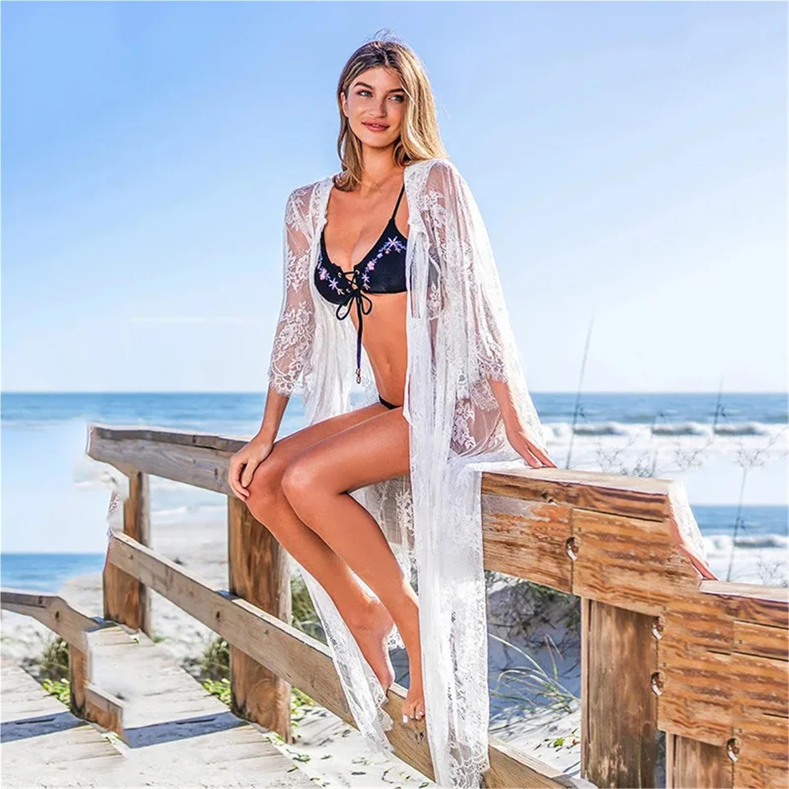 Copricostume Donna Copricostume da Spiaggia in Pizzo Trasparente con Cappuccio Cardigan Lungo Abito Bagno Donna Costume in Caftano Tunica