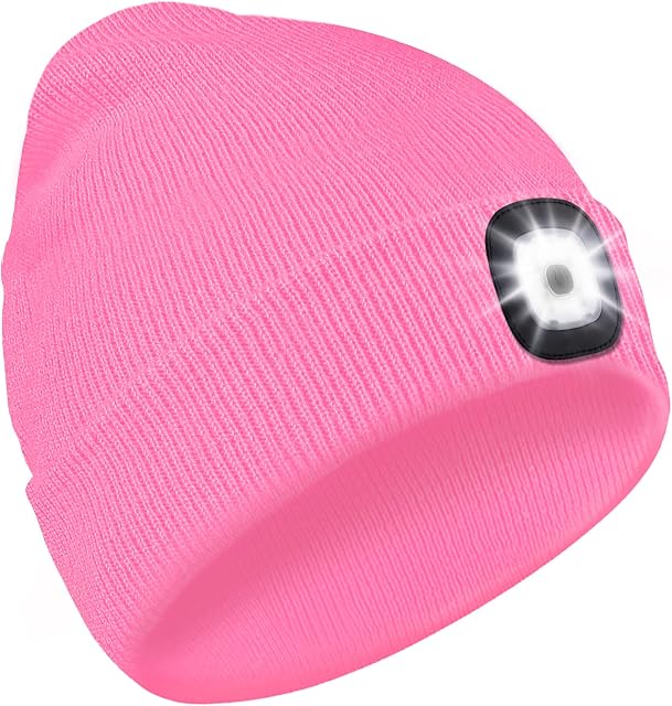 Deilin Upgraded LED Beanie Hat with USB Rechargeable LED Hat, Adjustable Brightness Headlamp Winter Lighted Beanie Cap,Tech Gifts for Adults(1 Pack,Pink)