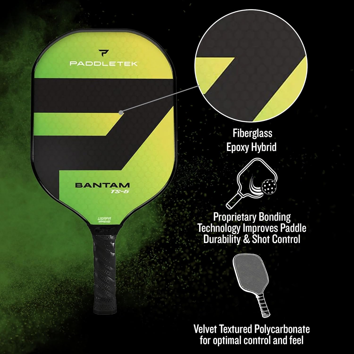 Paddletek Bantam TS-5 Pickleball Paddle | Professional Pickleball Paddles with Honeycomb Core, Textured Fiberglass Epoxy Hybrid Surface, Bantam PolyCore & High Tack Performance Grip | USAPA Approved