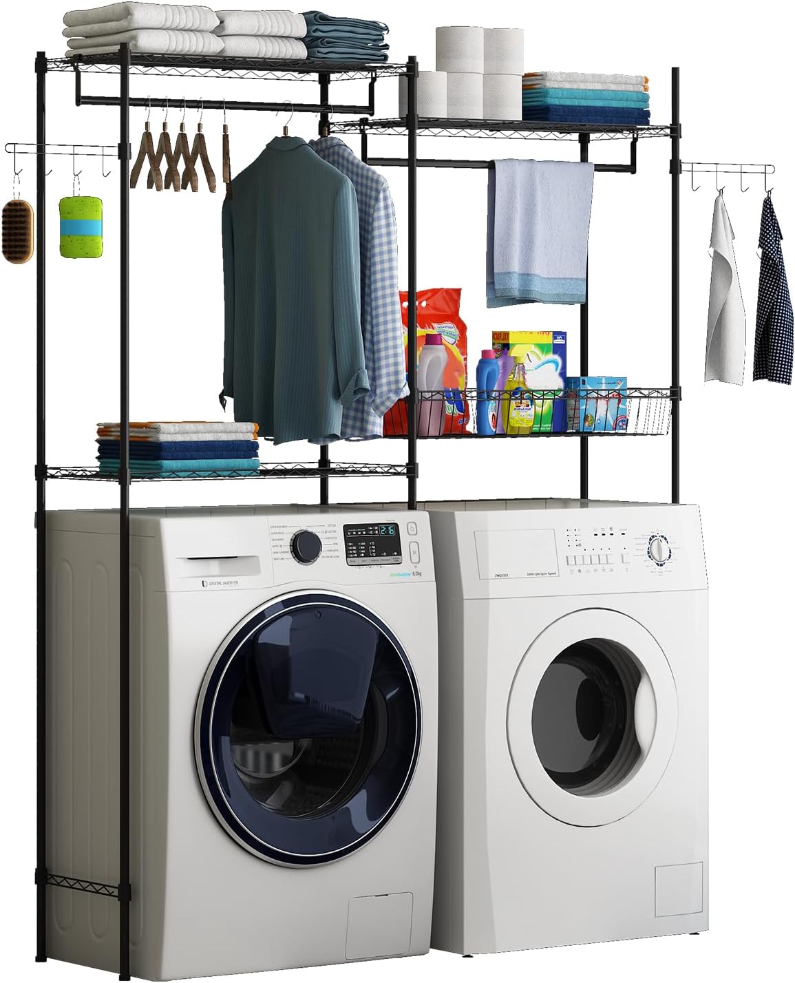 Garvee 4 Tier Kids Bookshelf Organization Shelving Unit Sturdy Structure Adjustable Bar Wire Side Basket and Hook Saves Space Over Washer Dryer Ideal for