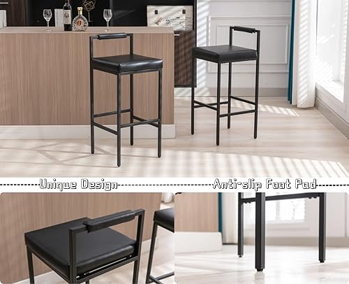 Miniatura 7 de CIMOTA Black Modern - Juego de 4 taburetes de bar con respaldo bajo, taburetes de cuero altos de altura de mostrador, sillas de bar tapizadas,