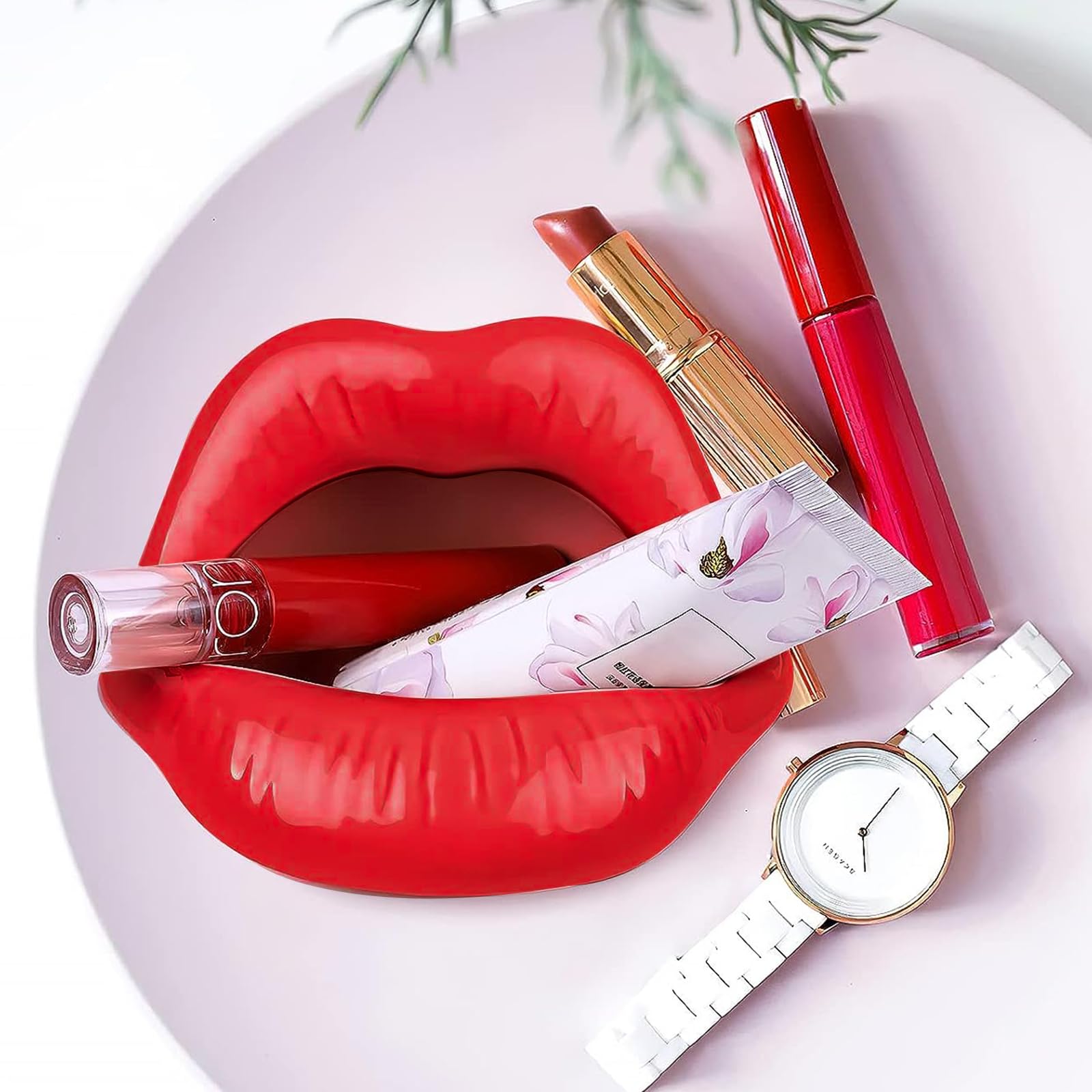 CAIRIAC Ceramic Red Lips Lipstick Ring Holder, Lip ceramic holder, Suitable for Storing Cosmetics Hair Clips - Image 4