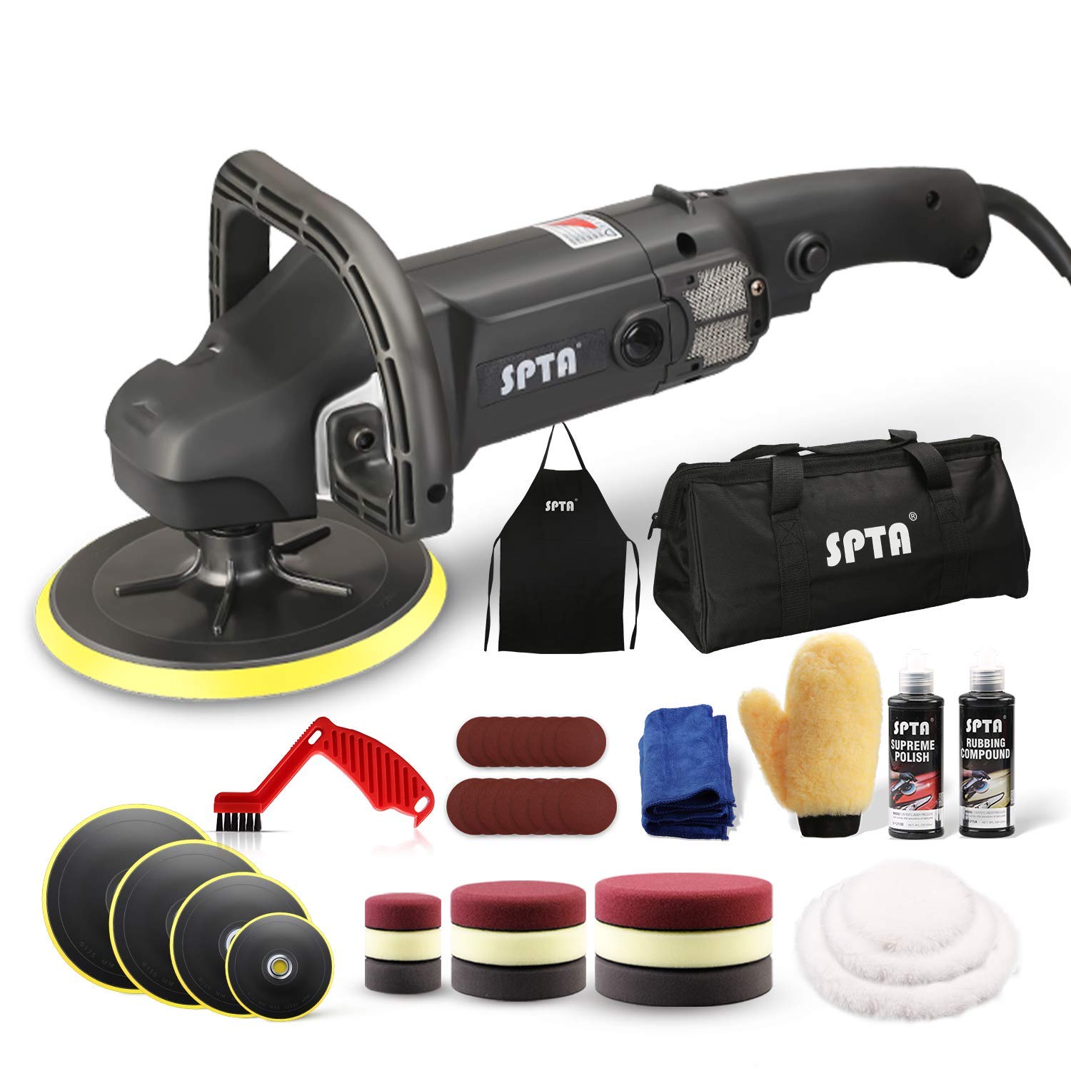 Pulidora Coche, Máquina de Pulir, Pulidora para Coche, SPTA 125/150/180mm Kit de esponja de pulido y Almohadilla de Lana/D-Mango Desmontable Perfecto para Pulir y Encerar Muebles,Coches -SPTA0020