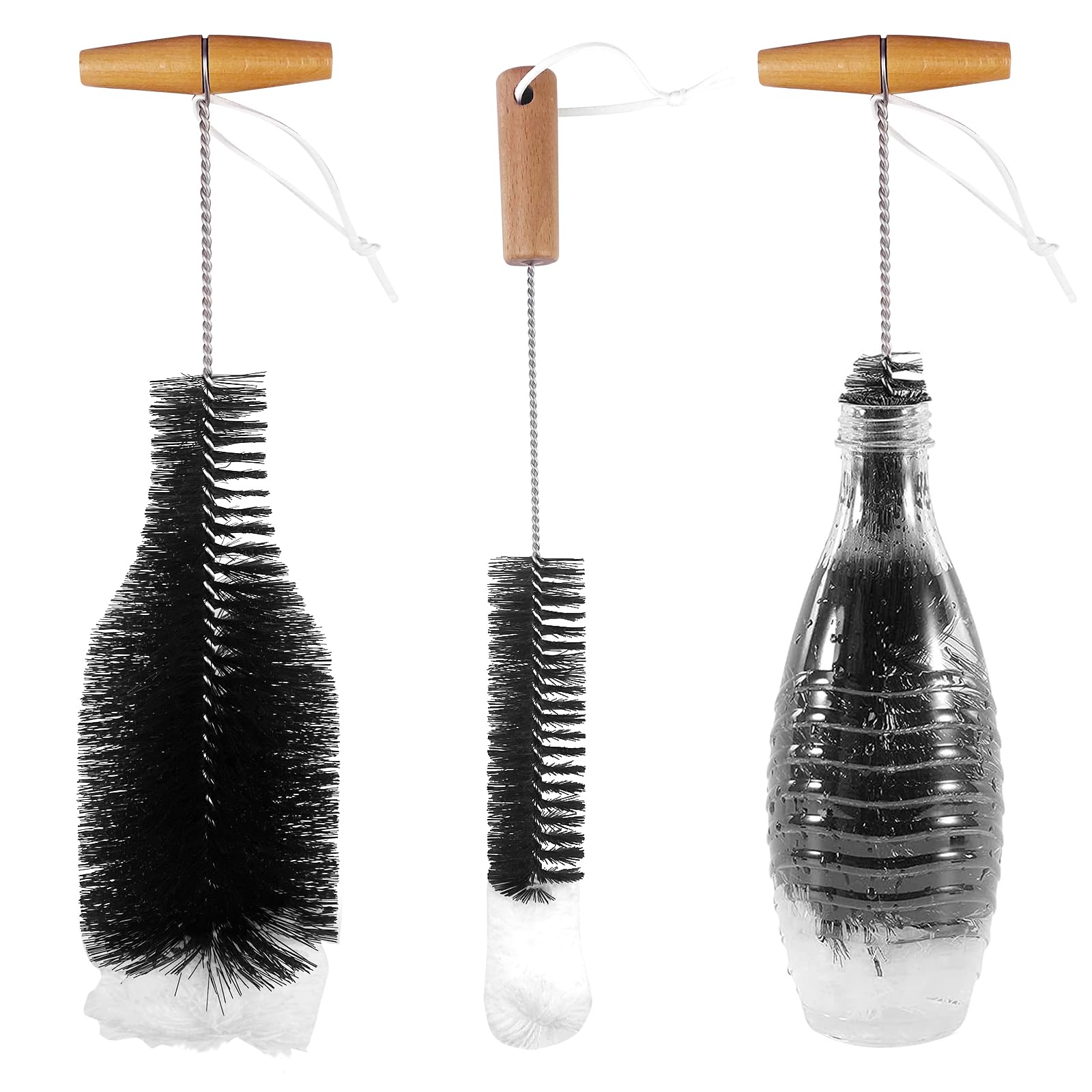 Chiluxendo 2 Piezas Cepillo de Limpieza Largo 2 tamaño, Limpiador de Botellas con Pompón de Peluche Suave, Cepillos Limpia Botella de Cristal, para Biberones, Vidrio, Pajita, Termo y Varios Recipiente | Cepillo de limpieza con suave pompón de peluche, cep