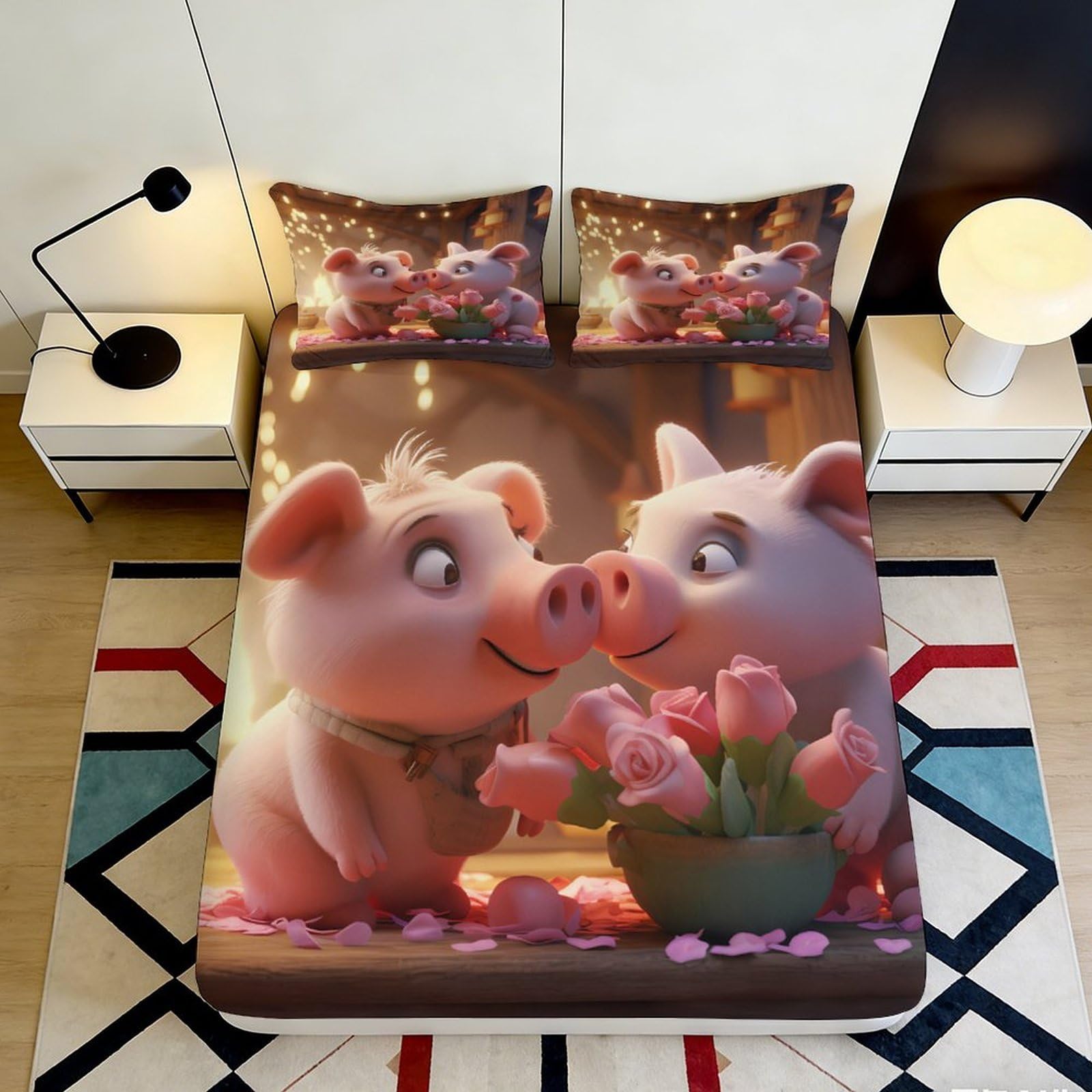 3D Printed Cartoon Pig Fitted Sheet Microfiber Non-Slip Deep Pocket Pig Mattress Fitted Cover Washable Bedroom Bedding 200x200x25cm 90x200x25cm