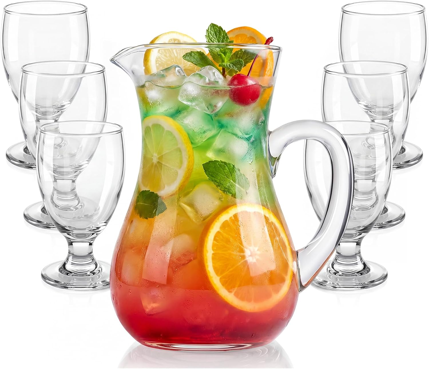 LemonRoad 7 Pcs Glasses Pitcher Drinkware Set 40 oz Pitcher Carafe and 6 Tall Drinking Beverage Set, Jug with Lid and Spout for Juice, Iced Tea or Water (Gourd Style)