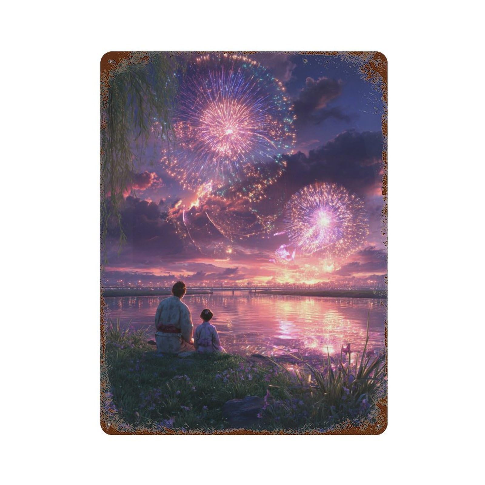 Fireworks Over The River Rusty Metal Tin Sign 15.7"x11.8", Vintage Wall Decor for Garage, Pub Or Kitchen
