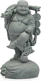 5.5inch Maitreya Buddha Statue - Smiling Stone Buddha Standing on Money Bag with Money String, Feng Shui Wealth Charm for Business Success & Positive Energy