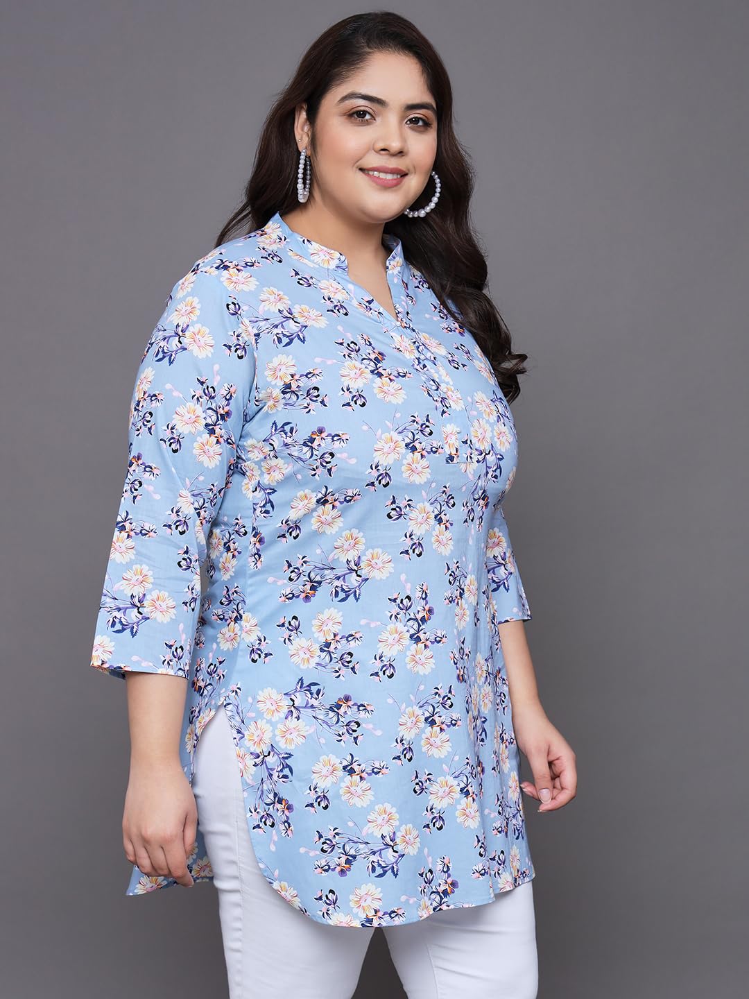 Tissu Women's Plus Size Sky Blue Floral Printed Pure Cotton Kurti (2257_Blue_8Xl)
