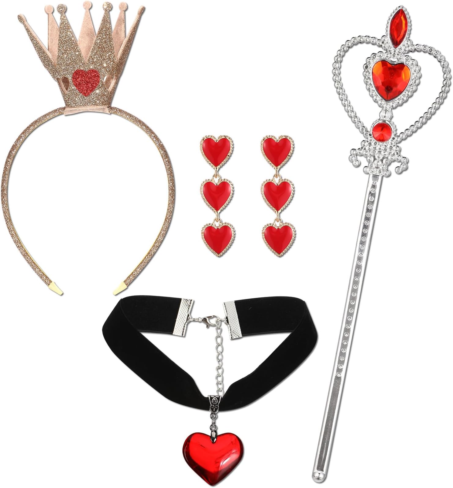 Liliful 4 Pcs Heart of The Woman Queen Costume Accessories Heart Party Accessories Crown Headband Scepter Wand