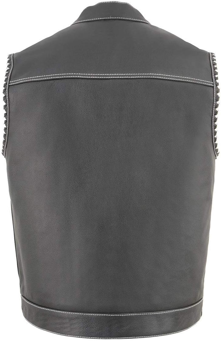 Milwaukee Leather MLM3509 Men's Black Premium Leather Vest - Old Glory Laced Armholes White Stitching Club Style Vest - 3X-Large