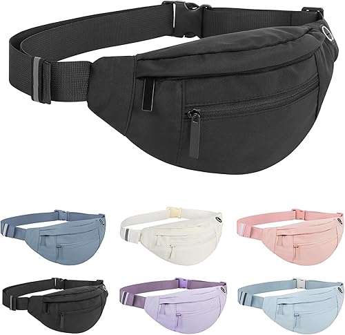 Miniatura 7 de Riñonera grande con 4 bolsillos con cremallera, para mujer y hombre, con correa ajustable para viajes, correr, senderismo, 4-Cremallera Negro, Large