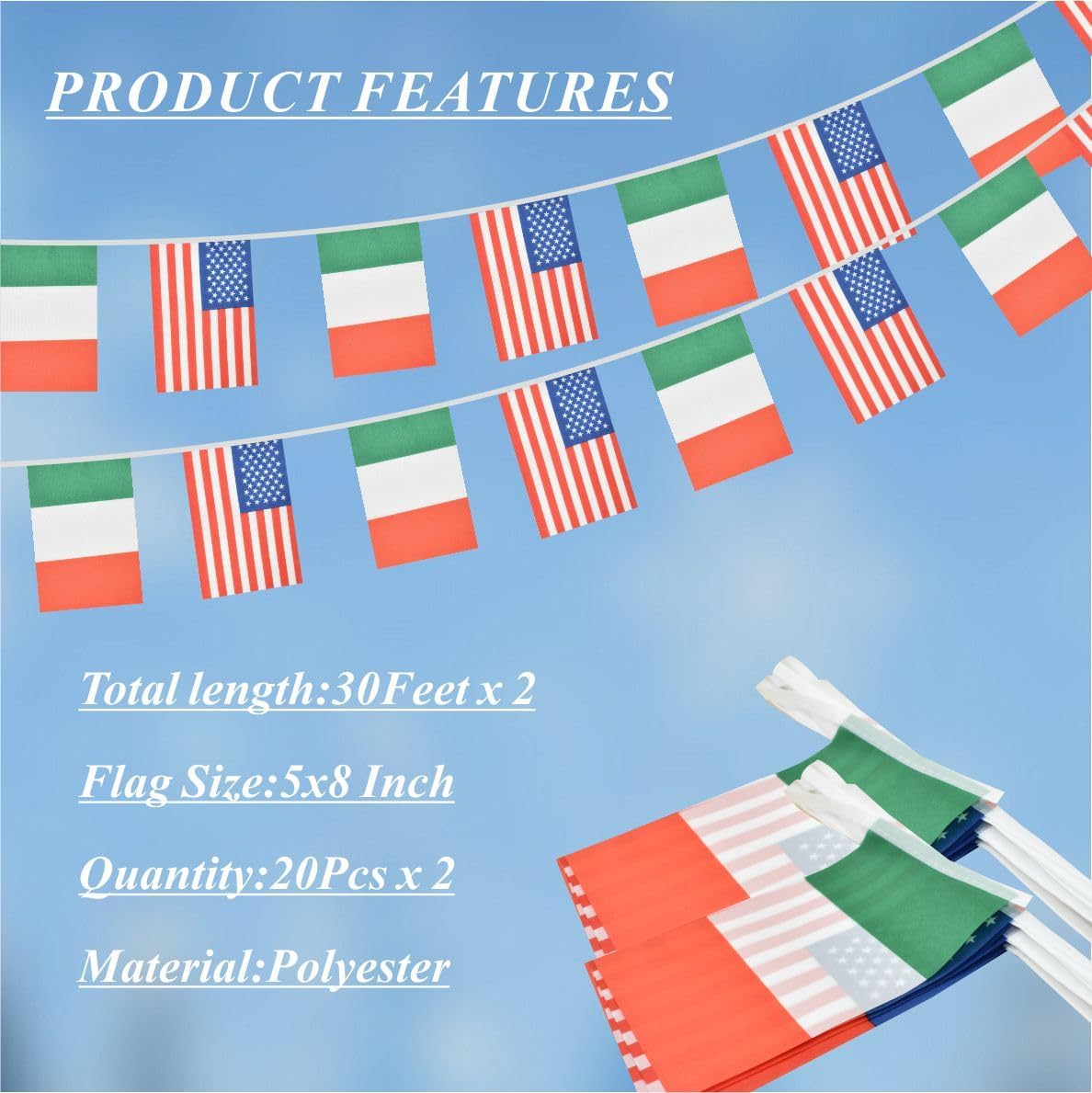 2 Pack American Italian Flag Banner, 60 Feet Friendship Garland, 40 Pieces, 5x8 Inch
