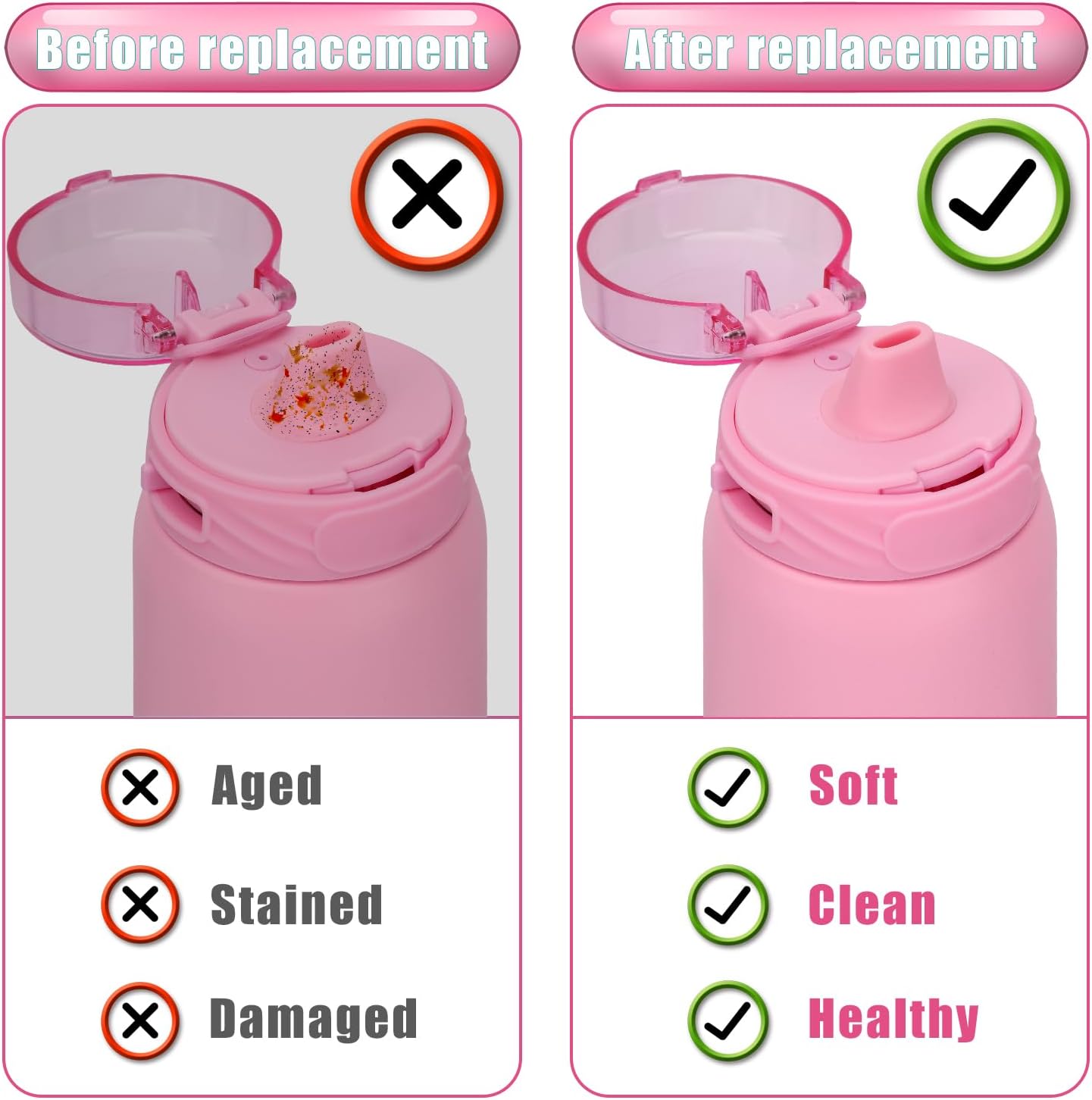 2pcs Bite Valve Replacement for Ello Cooper 32oz Stainless Steel Water Bottle, Water Bottle Mouthpiece Lid Tip, Silicone Free BPA Spout Compatible With Ello Cooper 18/22/40oz Accessories Parts (Pink) - Image 6