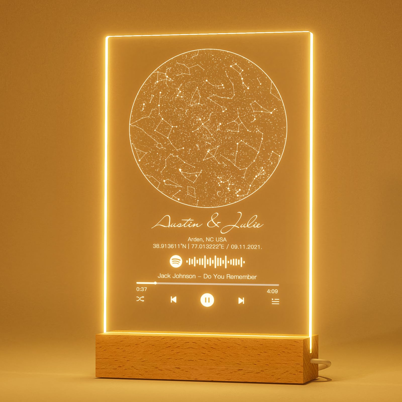 DPDP Personalised Star Map Night Light - Custom Acrylic Constellation Map Plaque with Spotify Code, Romantic Anniversary Wedding Betrothal Gifts for Couple