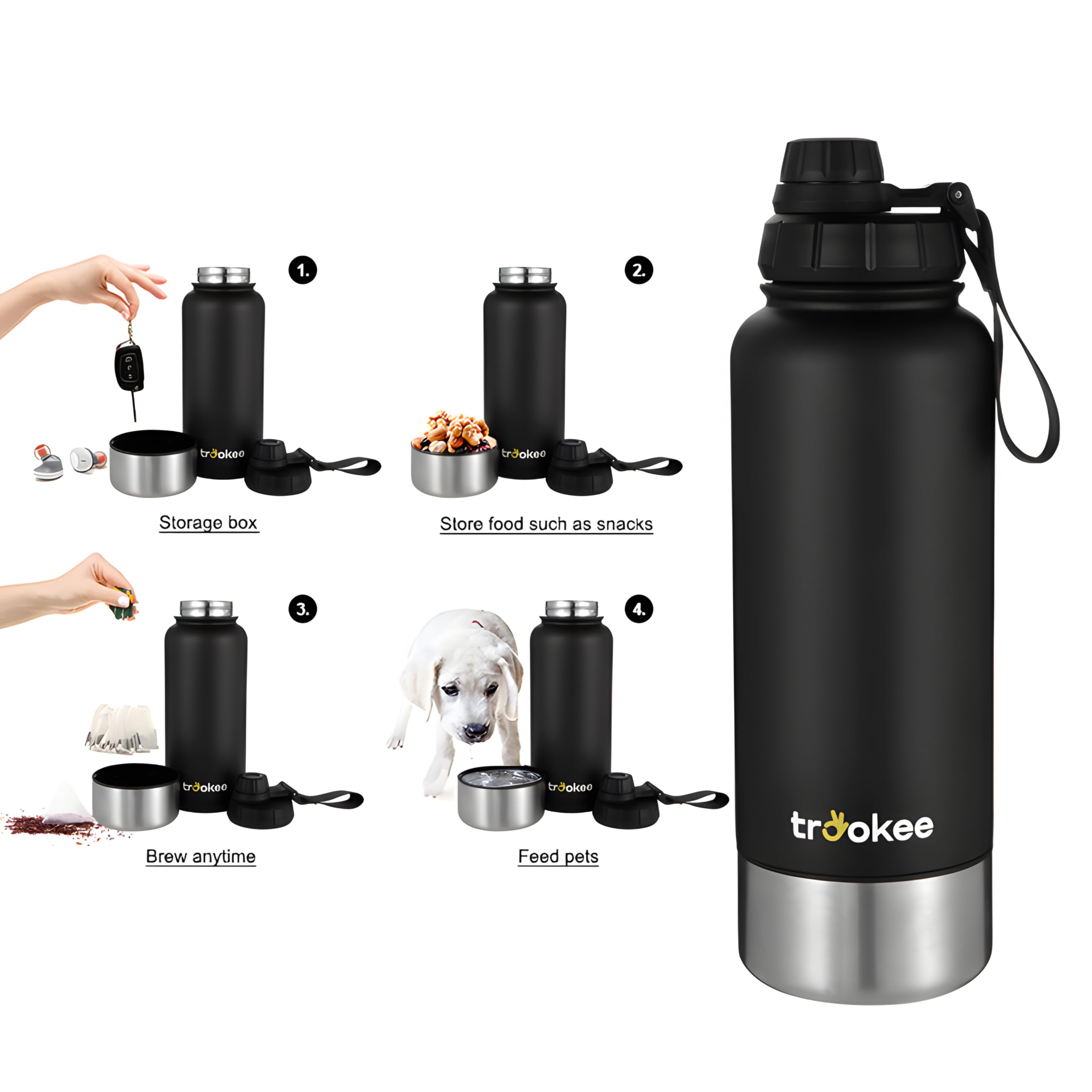 Botella Agua Acero Inoxidable 1 Litro, Doble Capa y Base Extraíble, Sin BPA - Botella Termica, Garrafa Agua, 12h. Caliente y 24h. Fría - Termo Cafe - Botella Gimnasio, Oficina, Mascotas