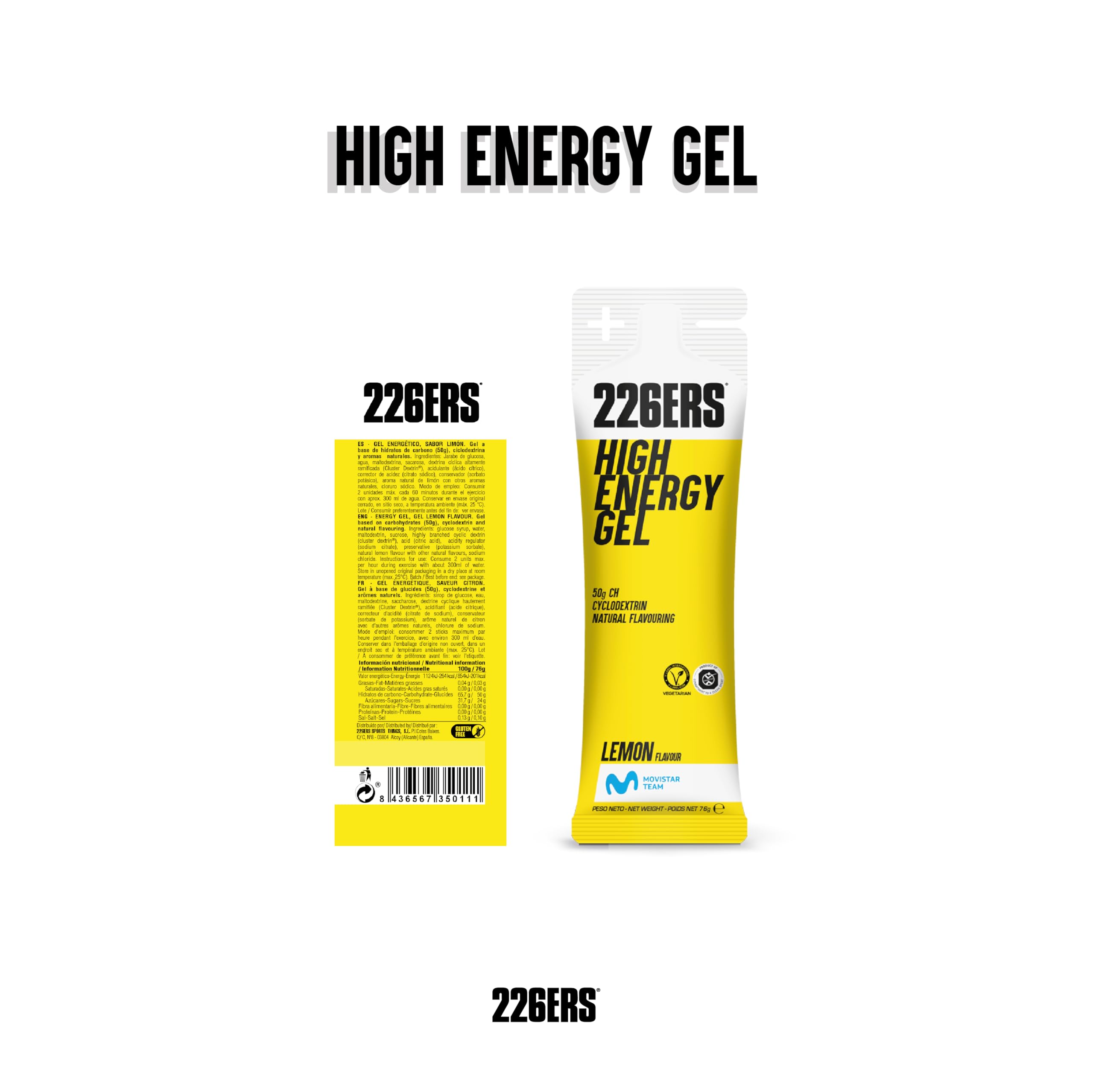 226ERS - High Energy Gel, Gel Energético para Deportistas, Ciclodextrina, Hidratos de Carbono y Aromas Naturales, Favorece Uso de Glucosa y la Digestión, Sabor Limón, 24 Geles