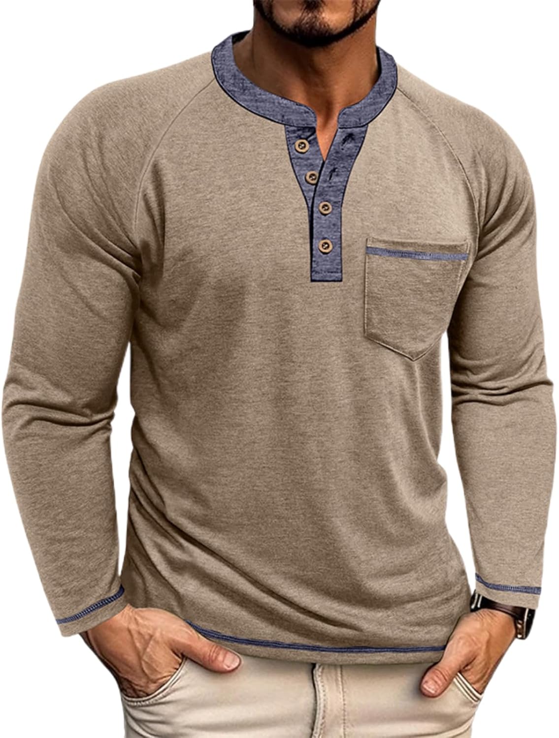 Mens Henley Shirts Long Sleeve Casual Button Basic T-Shirts Classic Vintage Tee Shirts with Pocket