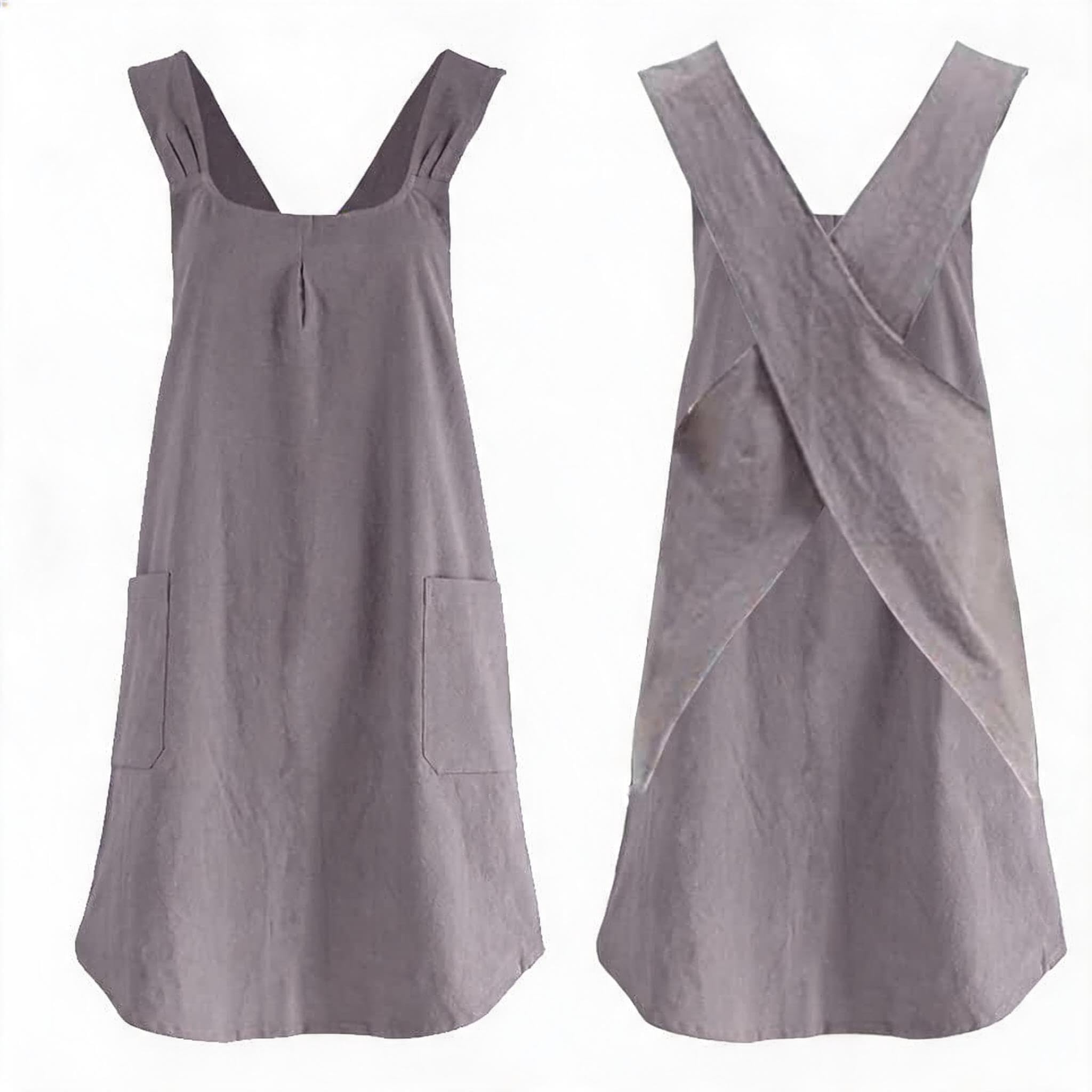 Tablier japonais croisé pour femme – Coton et lin avec poches – Confortable et pratique – Idéal pour cuisine, jardinage, café, vêtements de travail – Style élégant – Couleur : gris