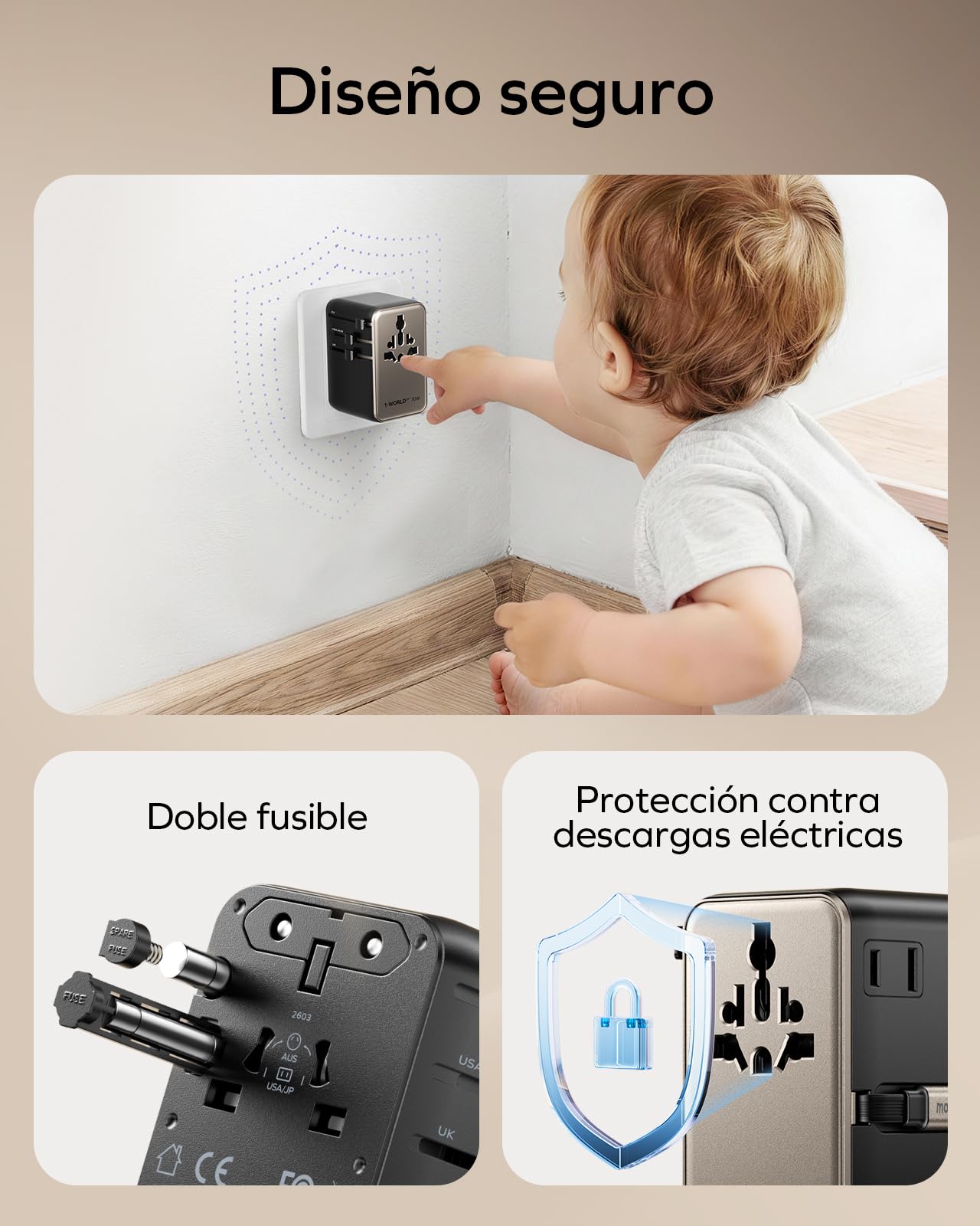 MOMAX Adaptador de Viaje Mundial de 70 W con Cable Extensible, Adaptador de Viaje Mundial con 2 Puertos CA, 2 Puertos USB A y 2 Puertos USB C, Adaptador de Viaje Internacional - Titanio