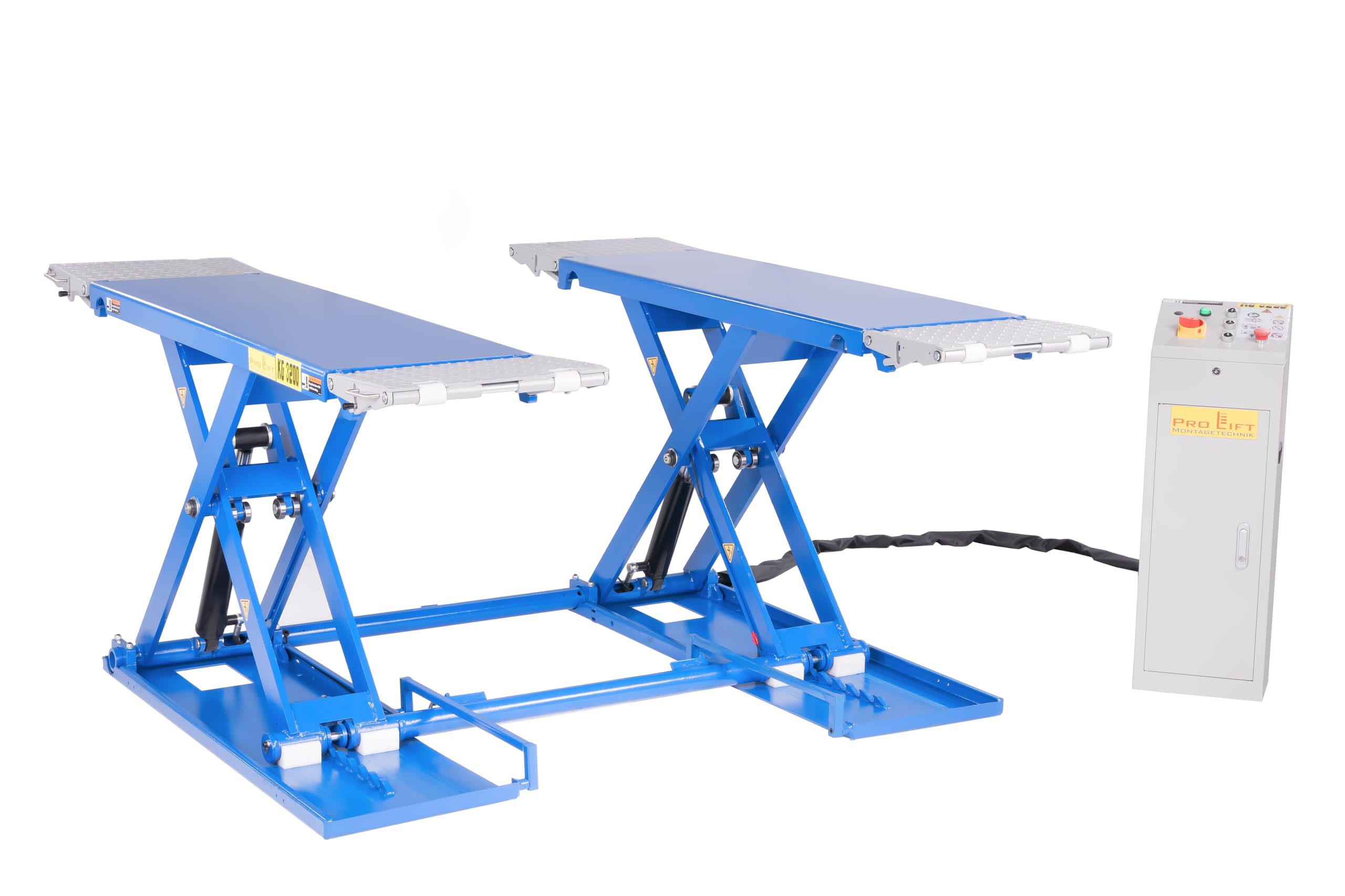 Pont élévateur à ciseaux 3,2 t, électrohydraulique, kit de manœuvre inclus, 230 V, avec déverrouillage électrique automatique