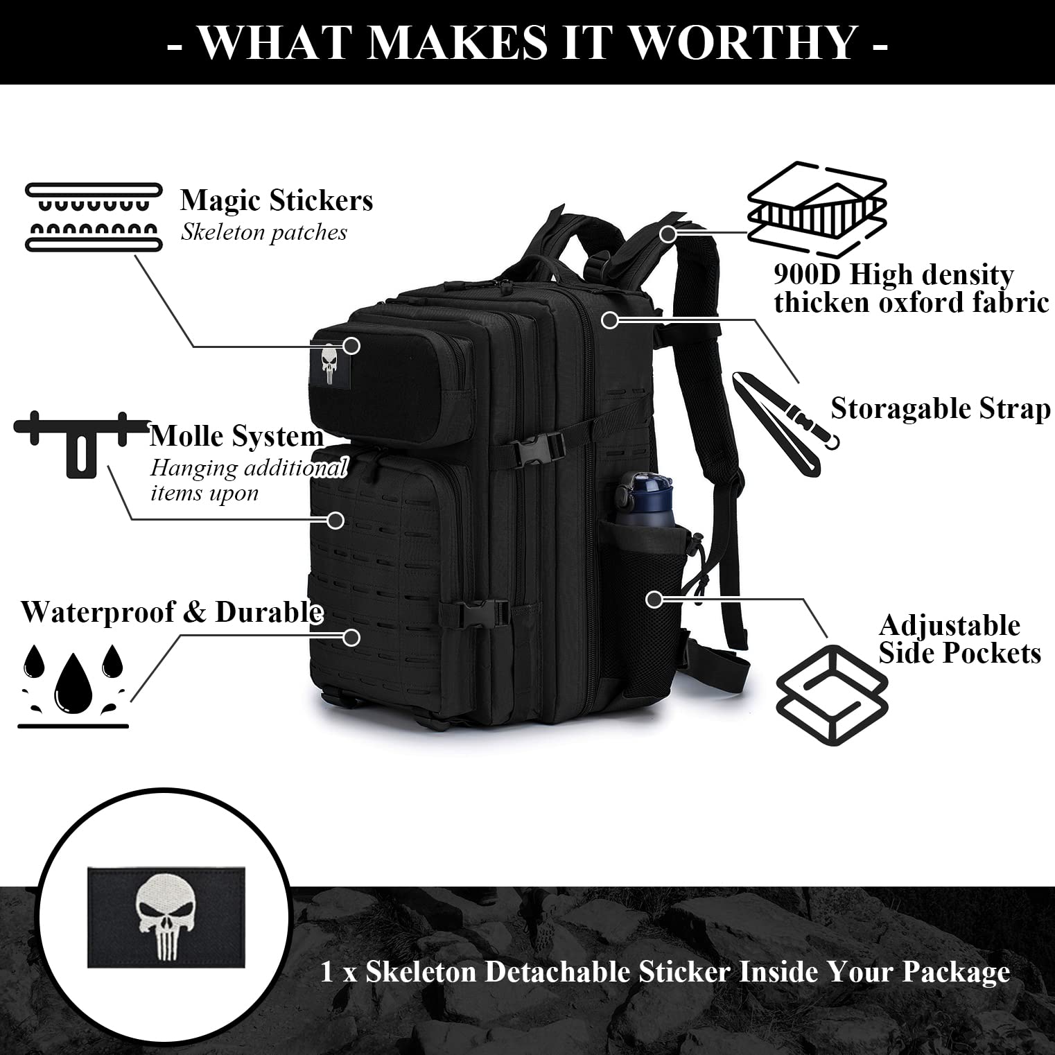 BAGZY Sac à dos Tactique Militaire 45L Etanche Randonnée Oxford 50x30x30cm Noir