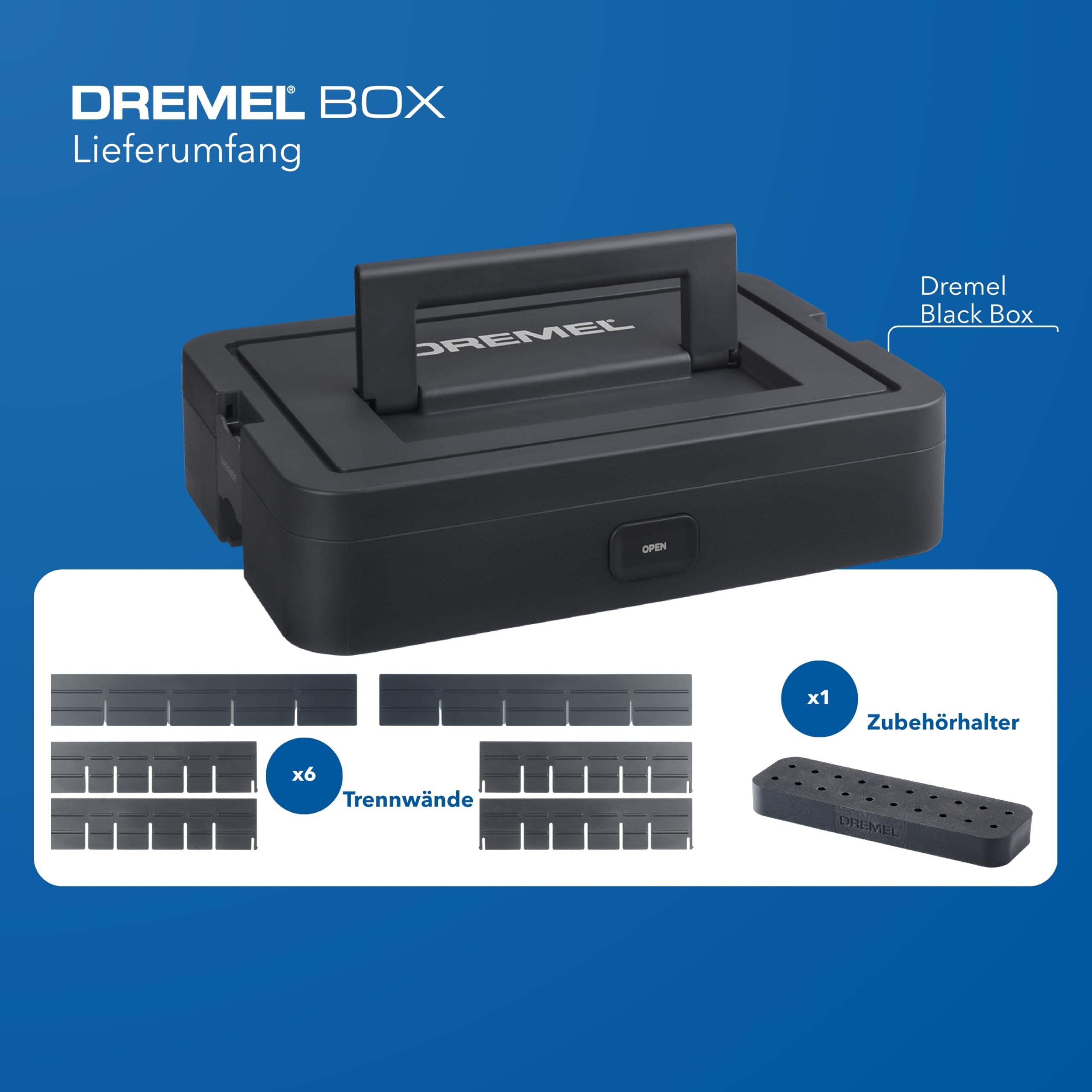 Dremel Box zur Werkzeugaufbewahrung mit 6 Trennwänden und Zubehörhalter, individuell anpassbarer Organizer für Multitool-Zubehör, Kleinteile, kompaktes & stapelbares Aufbewahrungssystem